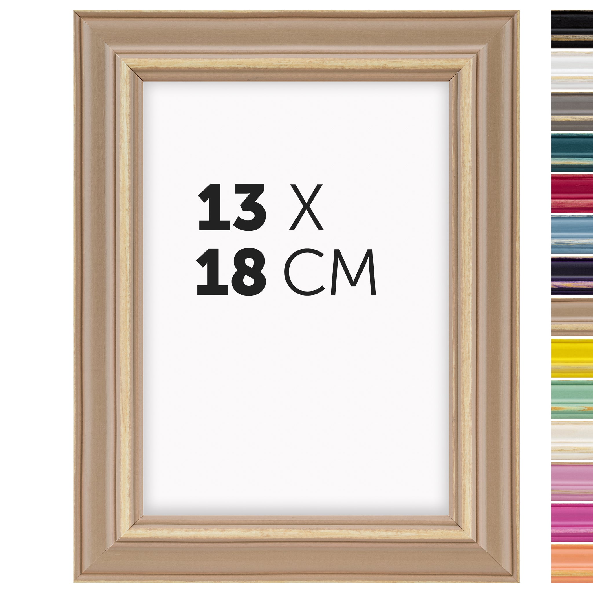 DÖRR Holz-Bilderrahmen Boho in Braun im Vintage-Stil, mit Bildformat 13x18 cm und Detailansicht der vierzehn Farbvarianten