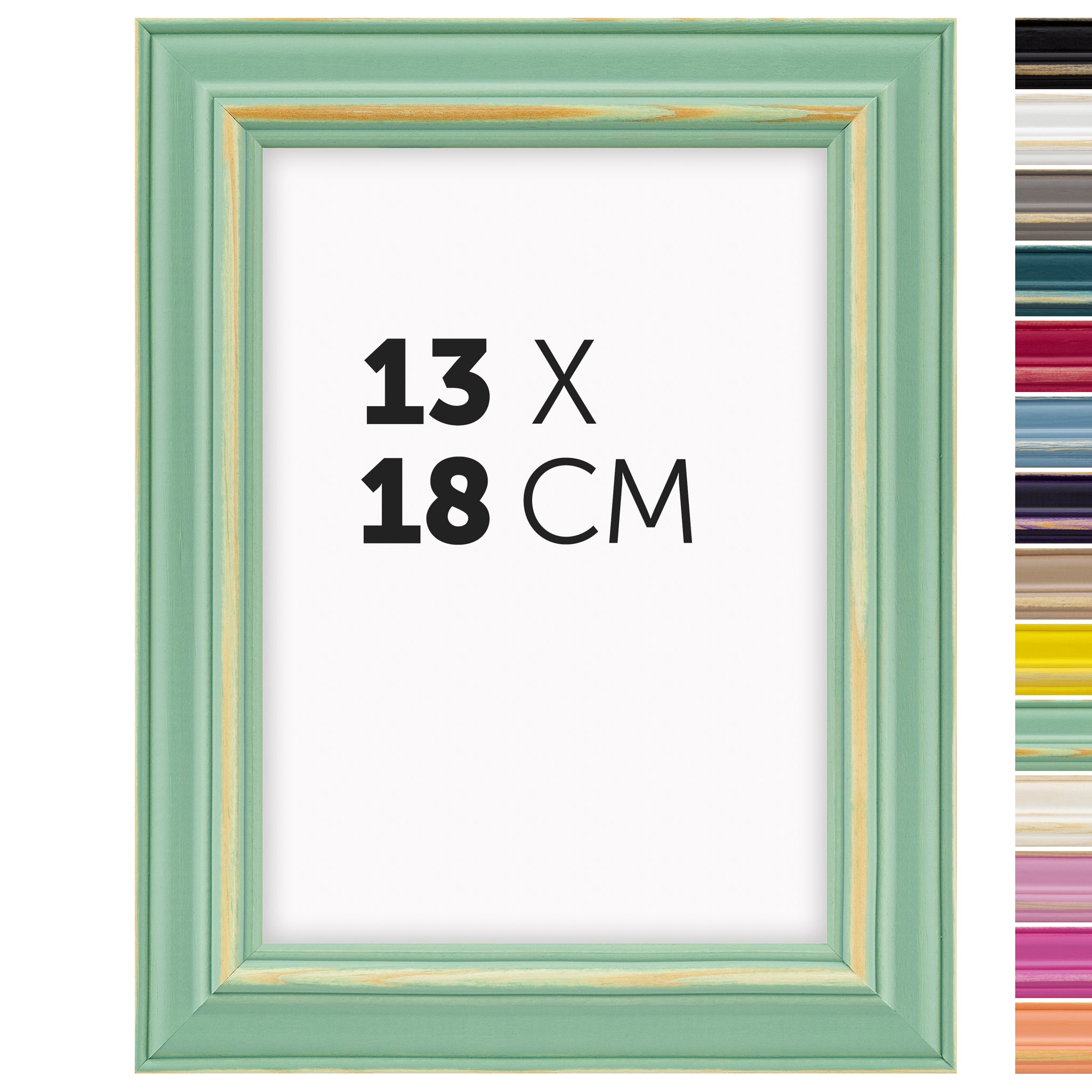 DÖRR Holz-Bilderrahmen Boho in Hellgrün im Vintage-Stil, mit Bildformat 13x18 cm und Detailansicht der vierzehn Farbvarianten