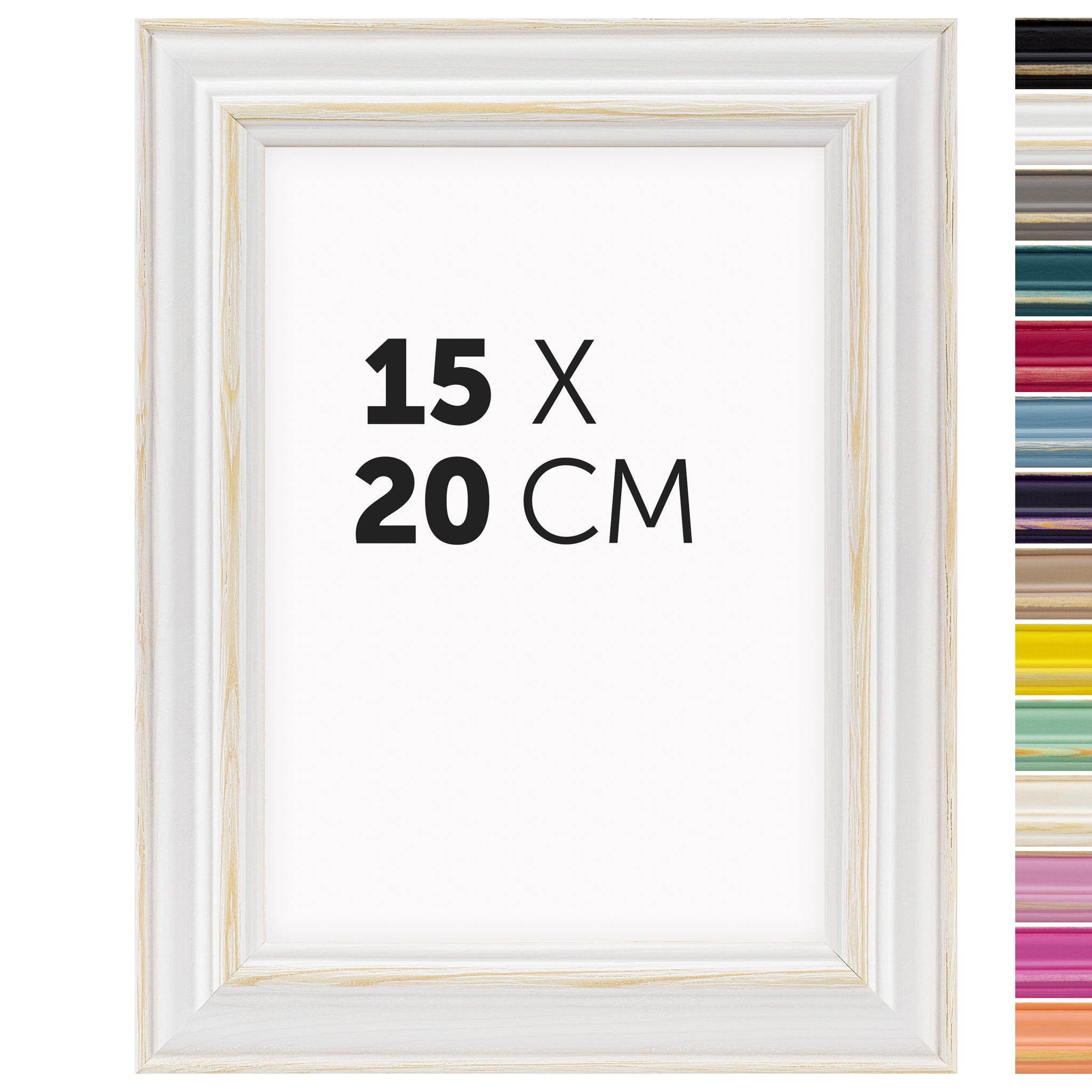 DÖRR Holz-Bilderrahmen Boho in Weiß im Vintage-Stil, mit Bildformat 15x20 cm und Detailansicht der vierzehn Farbvarianten