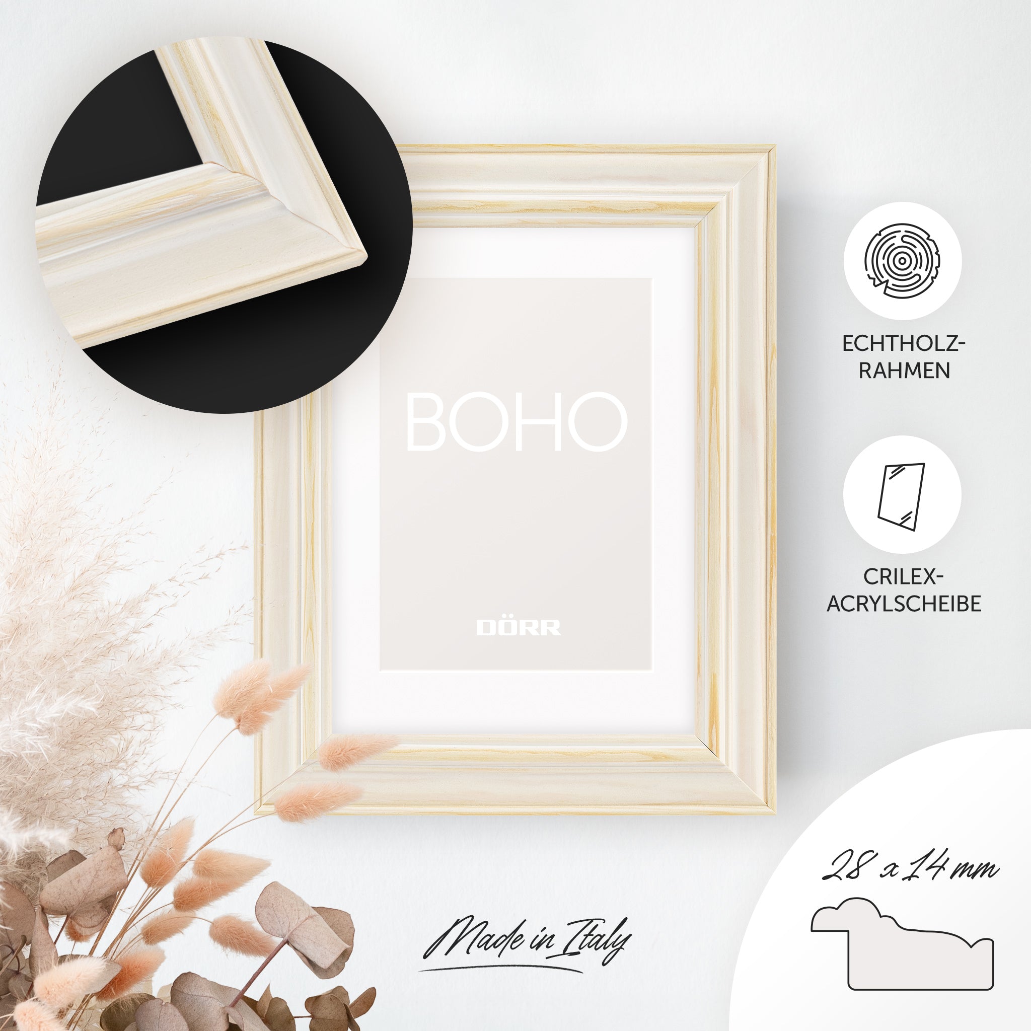 DÖRR Holz-Bilderrahmen Boho in Natur im Vintage-Stil, an der Wand aufgehängt, mit Detailansicht der strukturierten Leiste