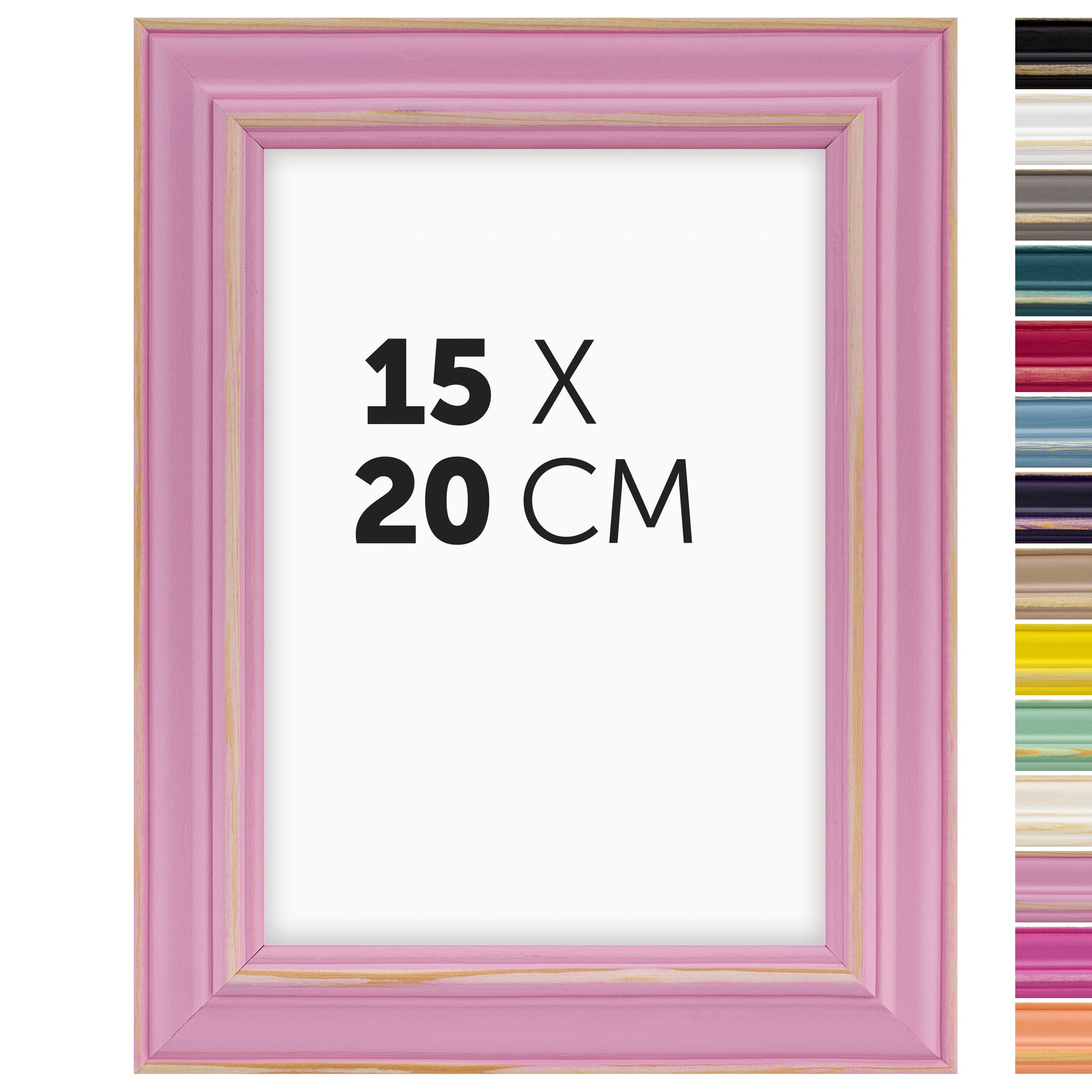 DÖRR Holz-Bilderrahmen Boho in Rosa im Vintage-Stil, mit Bildformat 15x20 cm und Detailansicht der vierzehn Farbvarianten