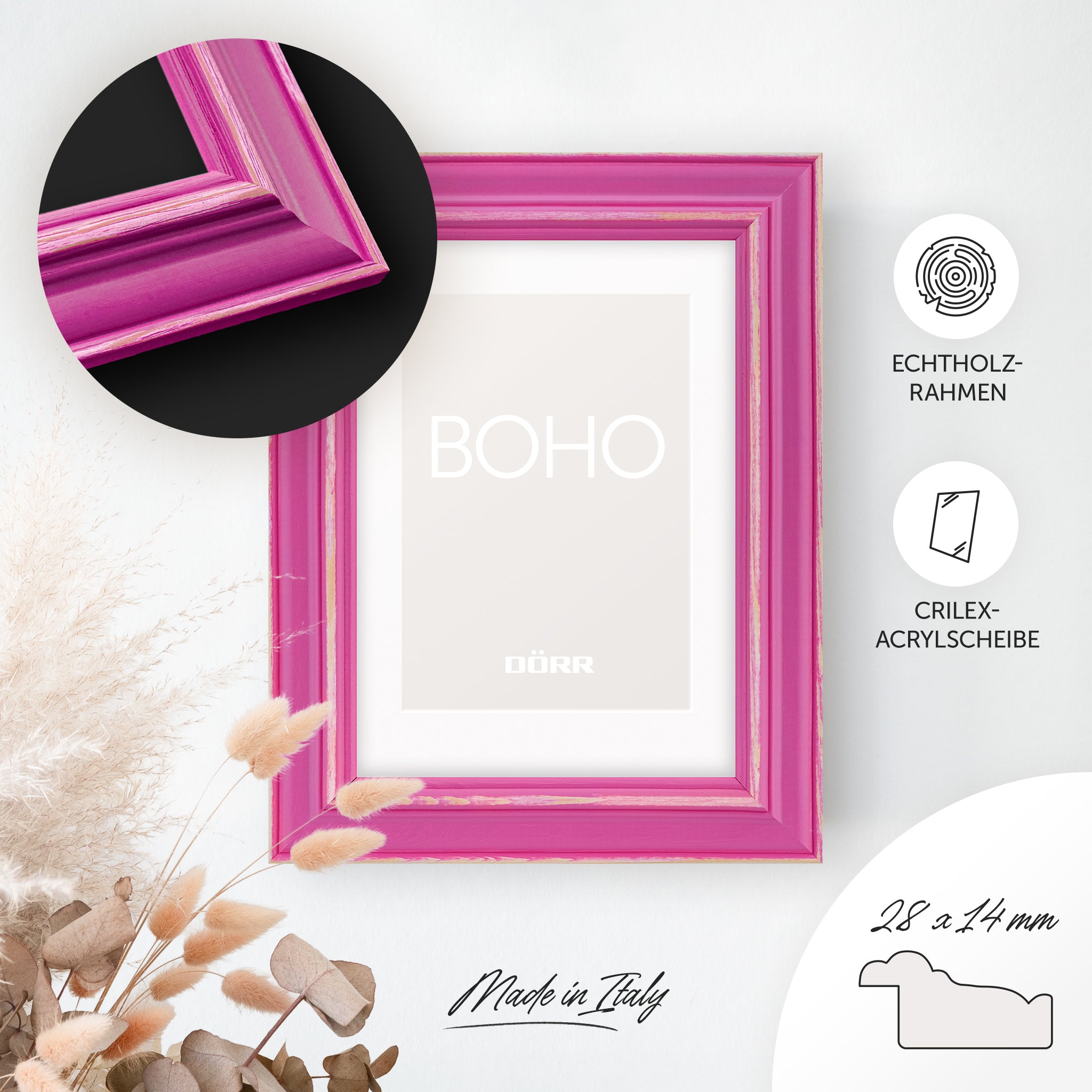 DÖRR Holz-Bilderrahmen Boho in Pink im Vintage-Stil, an der Wand aufgehängt, mit Detailansicht der strukturierten Leiste