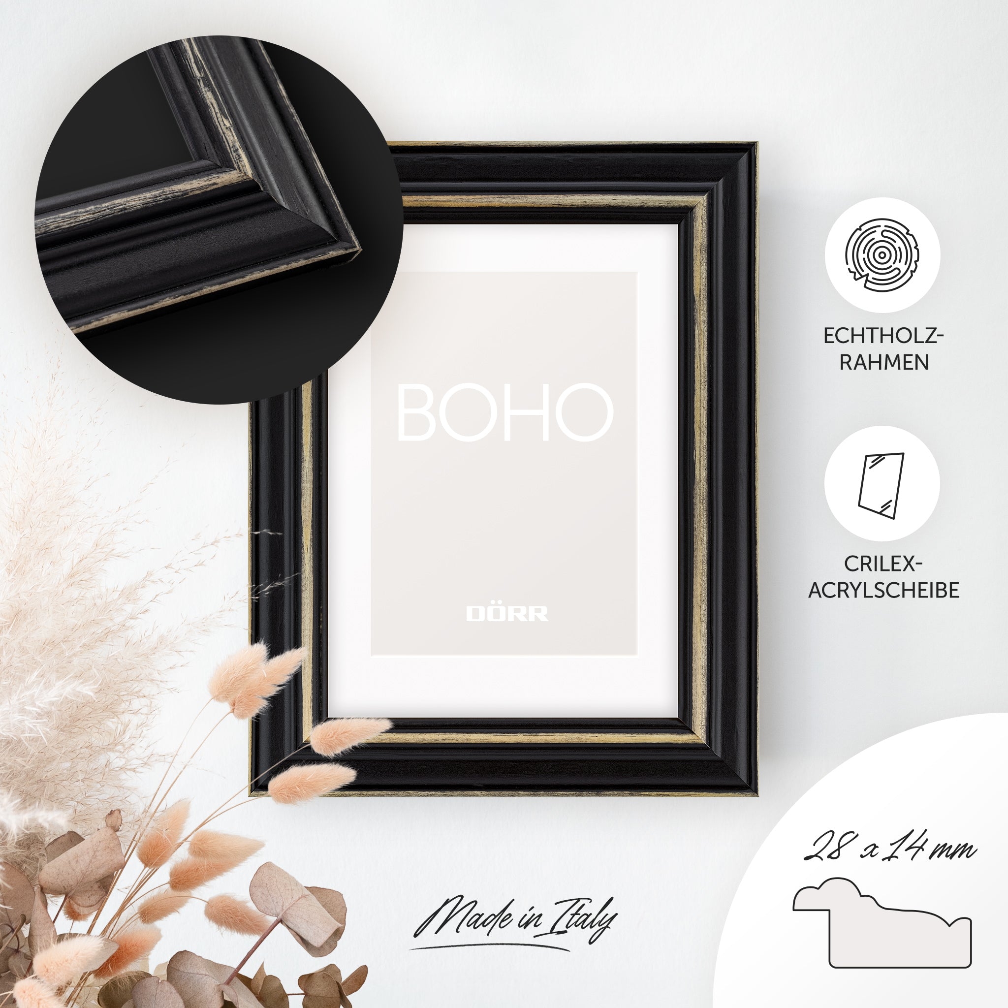 DÖRR Holz-Bilderrahmen Boho in Schwarz im Vintage-Stil, an der Wand aufgehängt, mit Detailansicht der strukturierten Leiste