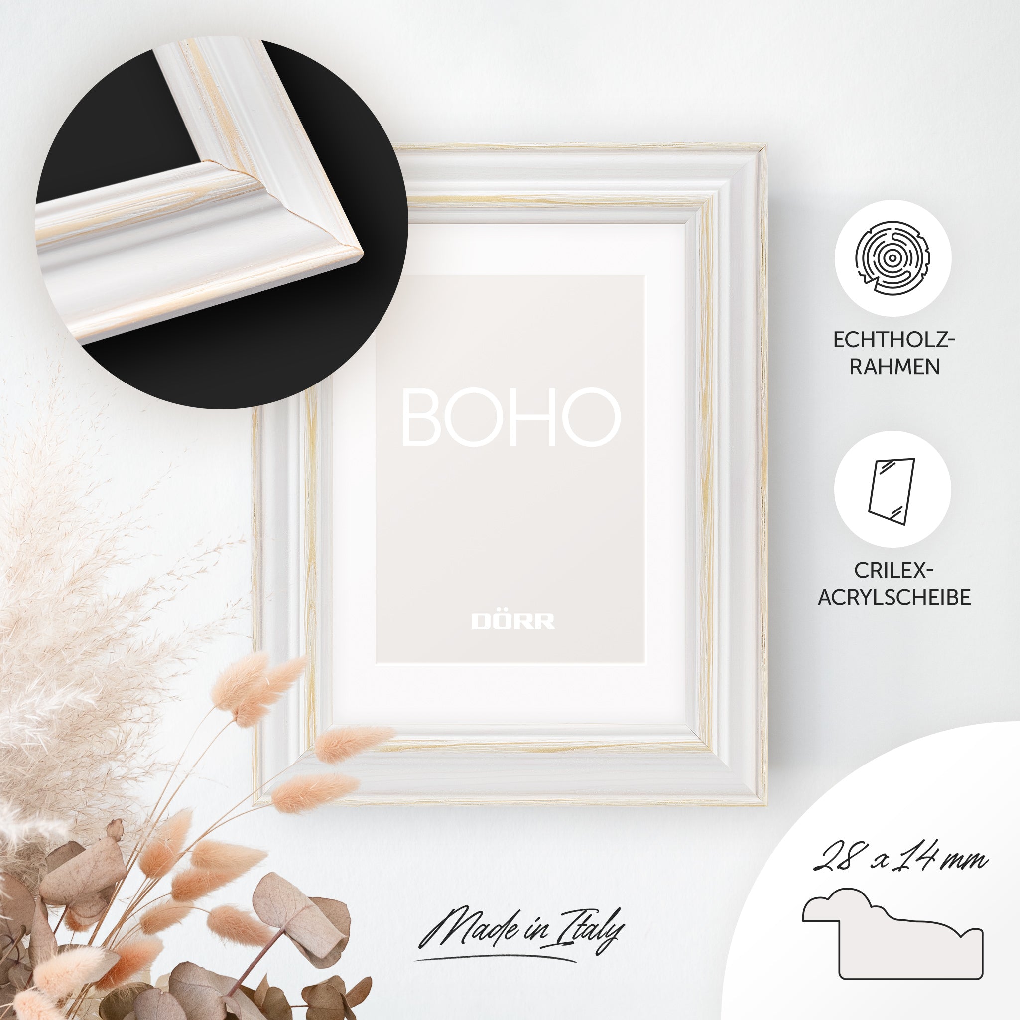 DÖRR Holz-Bilderrahmen Boho in Weiß im Vintage-Stil, an der Wand aufgehängt, mit Detailansicht der strukturierten Leiste