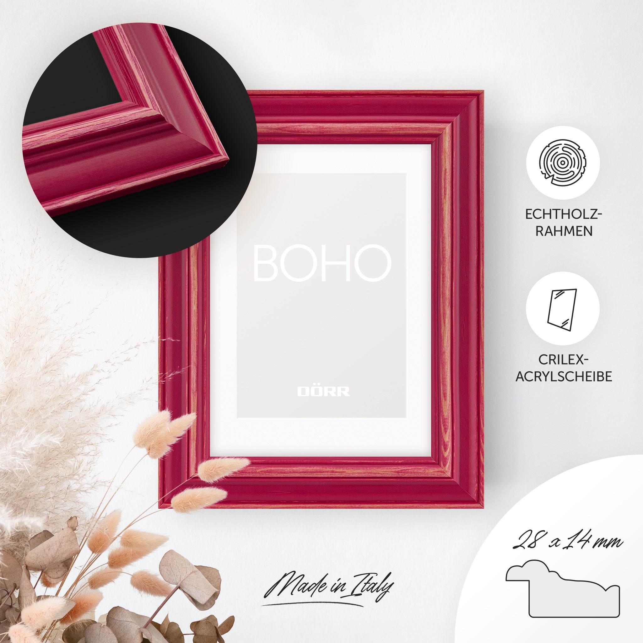 DÖRR Holz-Bilderrahmen Boho in Beere im Vintage-Stil, an der Wand aufgehängt, mit Detailansicht der strukturierten Leiste