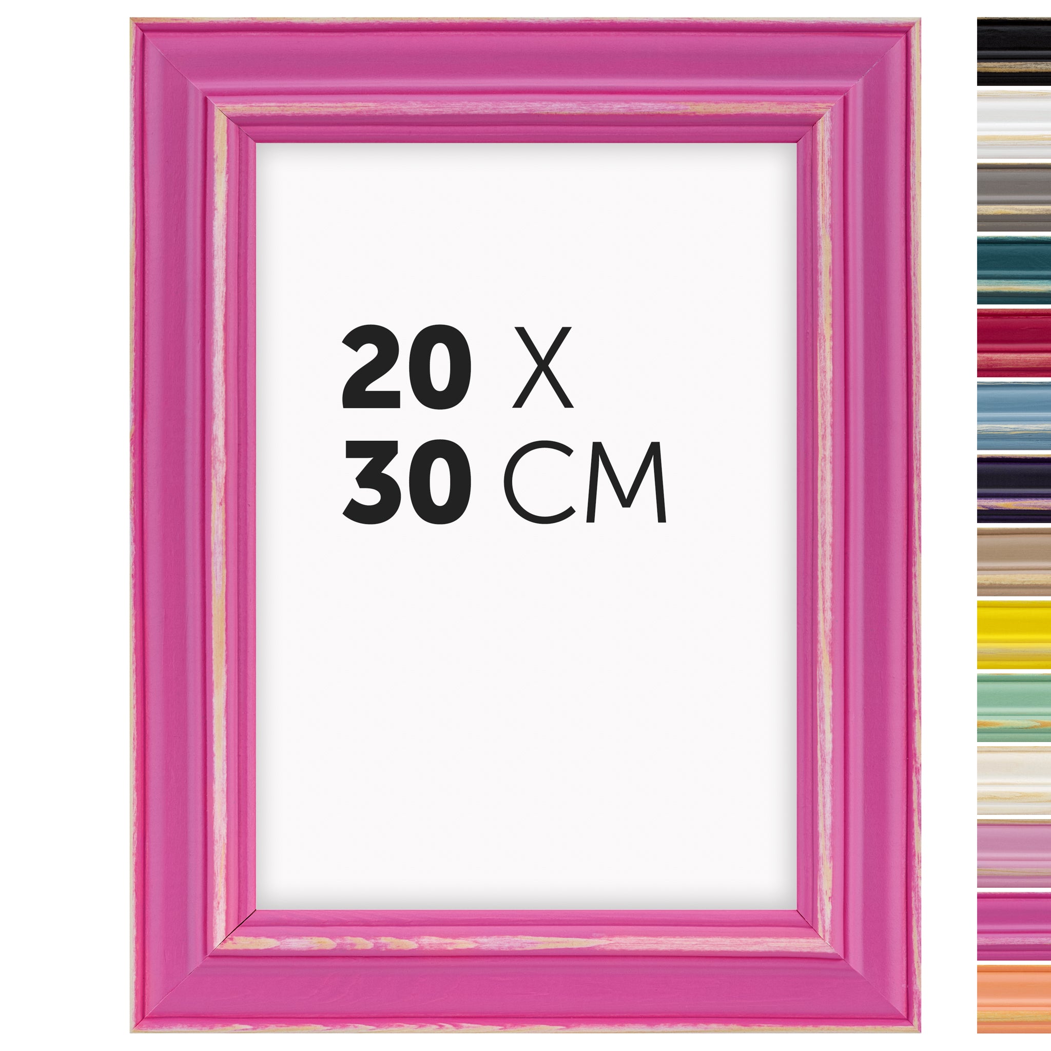 DÖRR Holz-Bilderrahmen Boho in Pink im Vintage-Stil, mit Bildformat 20x30 cm und Detailansicht der vierzehn Farbvarianten