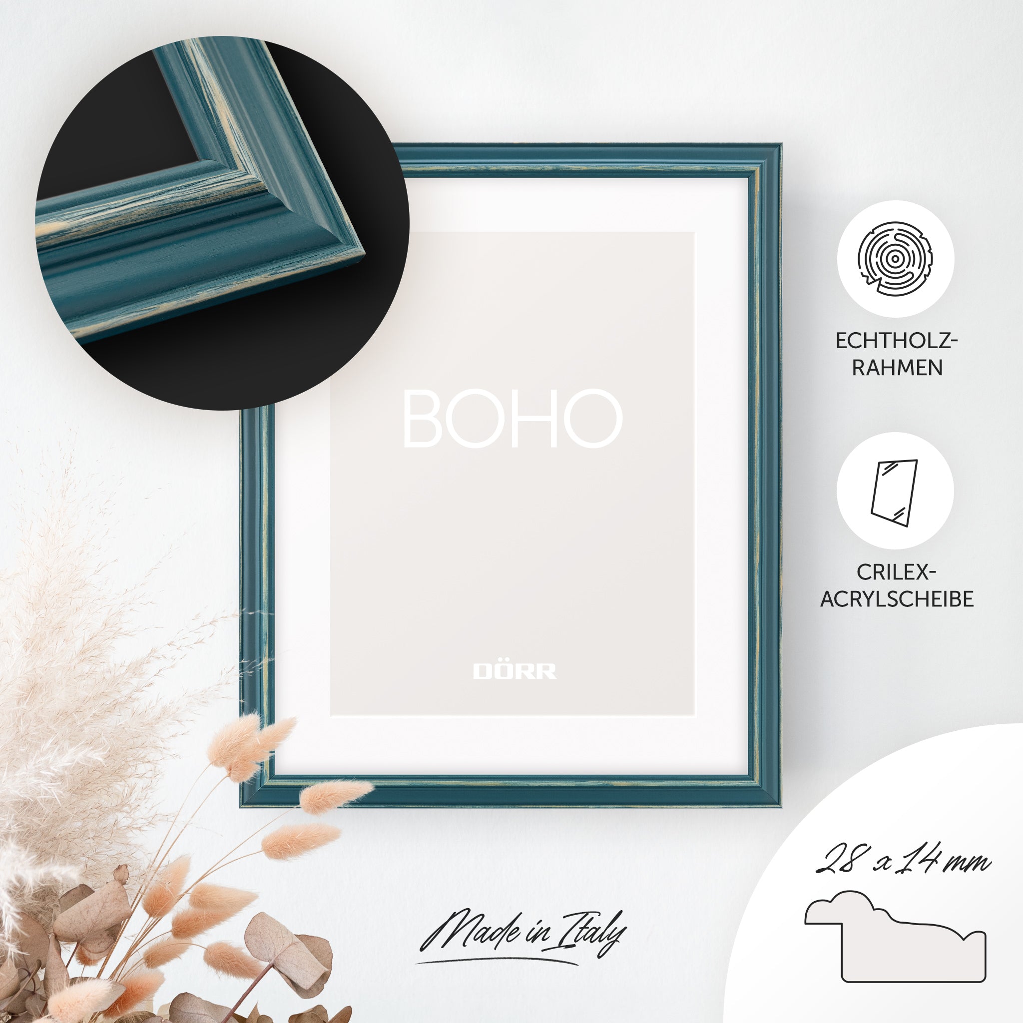 DÖRR Holz-Bilderrahmen Boho in Petrol im Vintage-Stil, an der Wand aufgehängt, mit Detailansicht der strukturierten Leiste