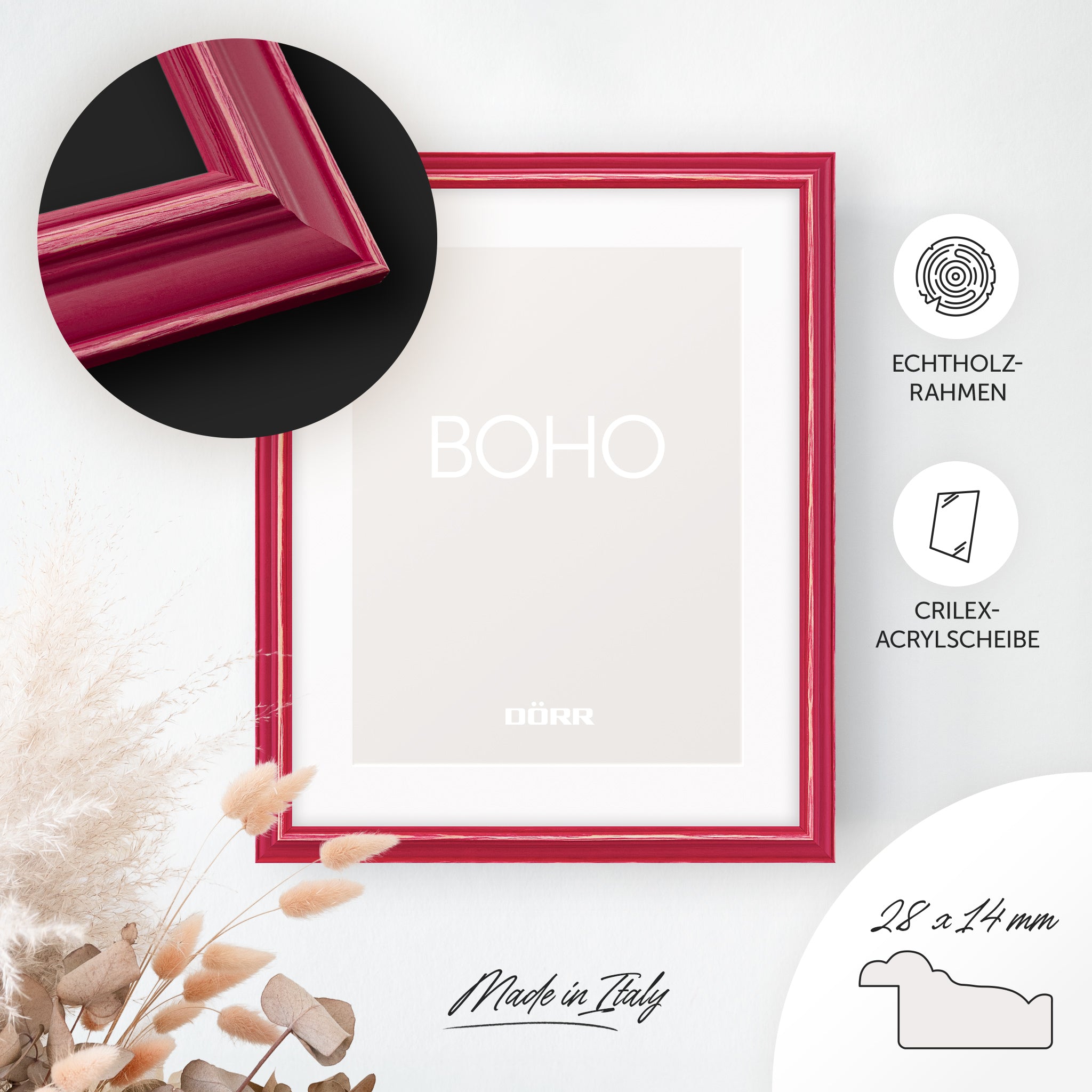 DÖRR Holz-Bilderrahmen Boho in Beere im Vintage-Stil, an der Wand aufgehängt, mit Detailansicht der strukturierten Leiste