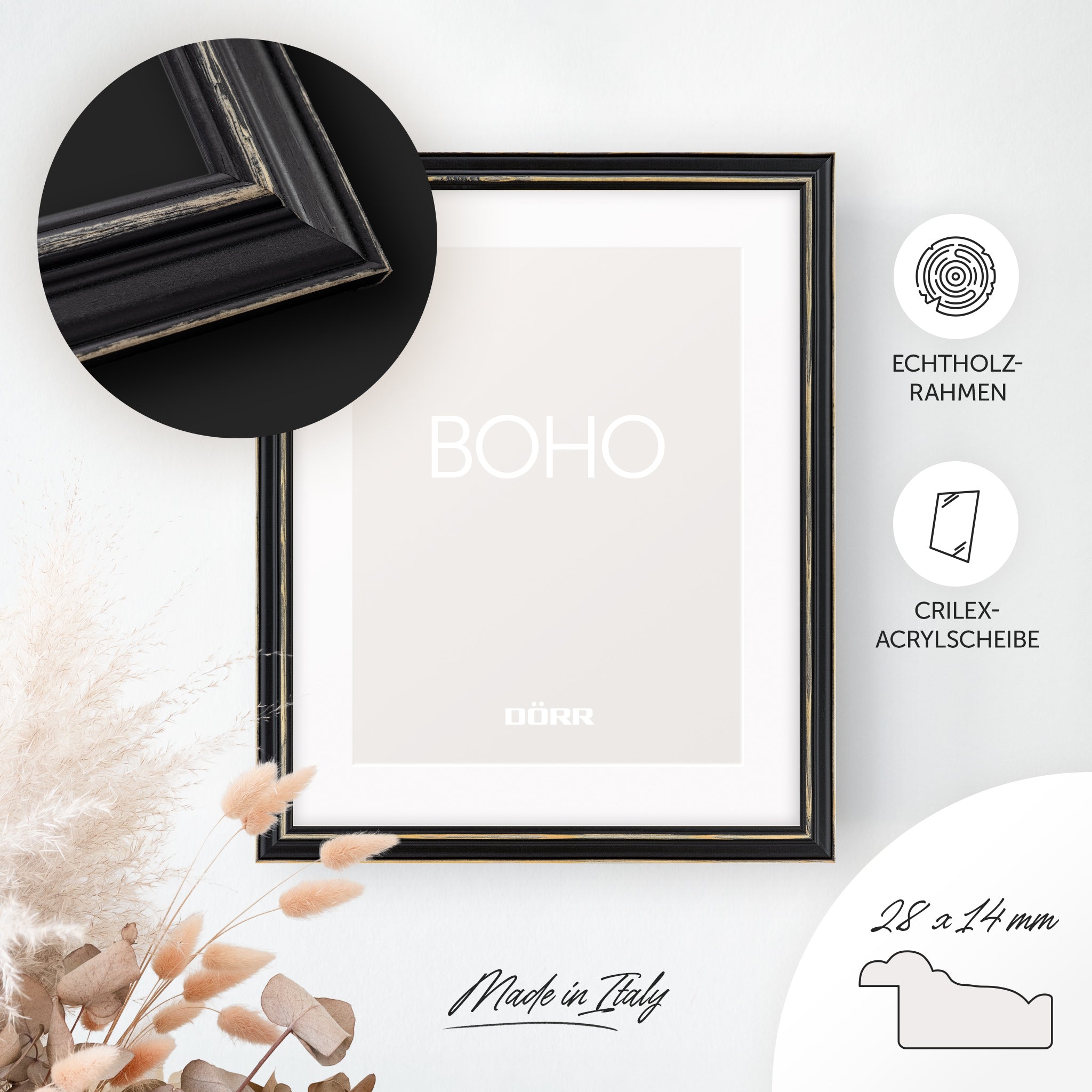 DÖRR Holz-Bilderrahmen Boho in Schwarz im Vintage-Stil, an der Wand aufgehängt, mit Detailansicht der strukturierten Leiste