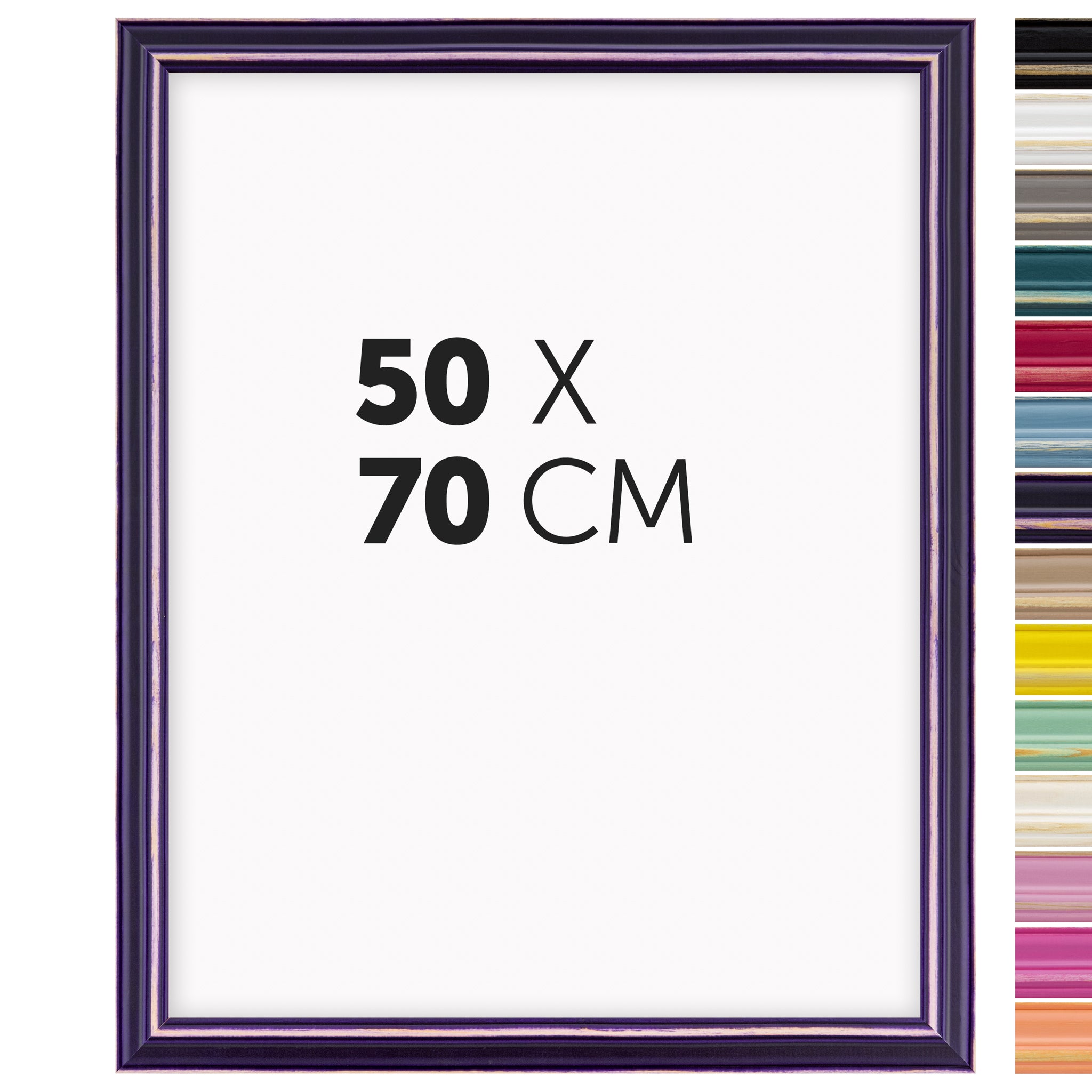 DÖRR Holz-Bilderrahmen Boho in Lila im Vintage-Stil, mit Bildformat 50x70 cm und Detailansicht der vierzehn Farbvarianten