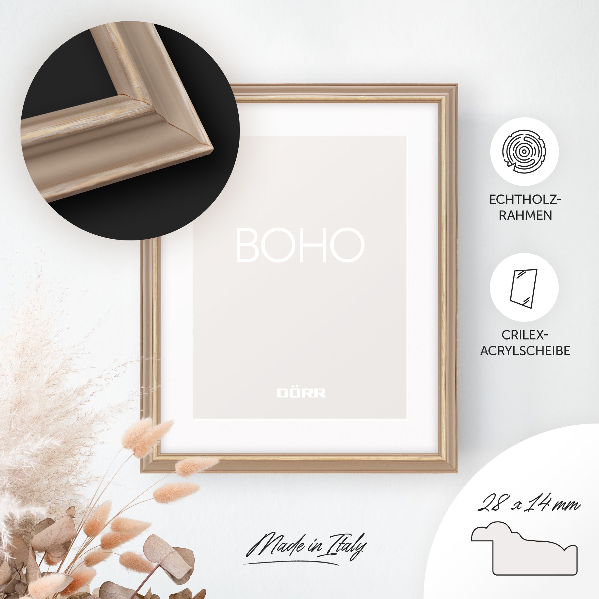 DÖRR Holz-Bilderrahmen Boho in Braun im Vintage-Stil, an der Wand aufgehängt, mit Detailansicht der strukturierten Leiste