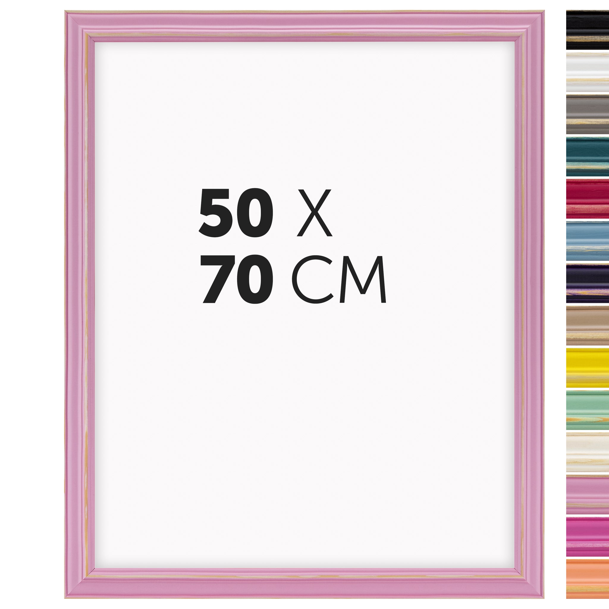DÖRR Holz-Bilderrahmen Boho in Rosa im Vintage-Stil, mit Bildformat 50x70 cm und Detailansicht der vierzehn Farbvarianten