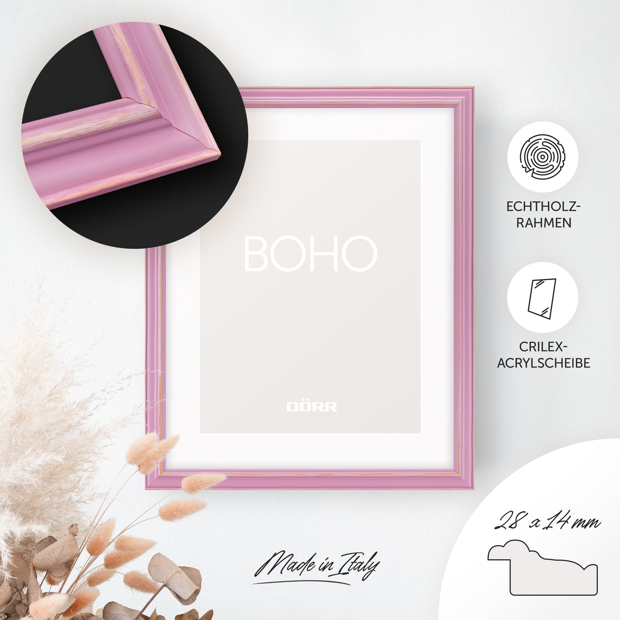 DÖRR Holz-Bilderrahmen Boho in Rosa im Vintage-Stil, an der Wand aufgehängt, mit Detailansicht der strukturierten Leiste