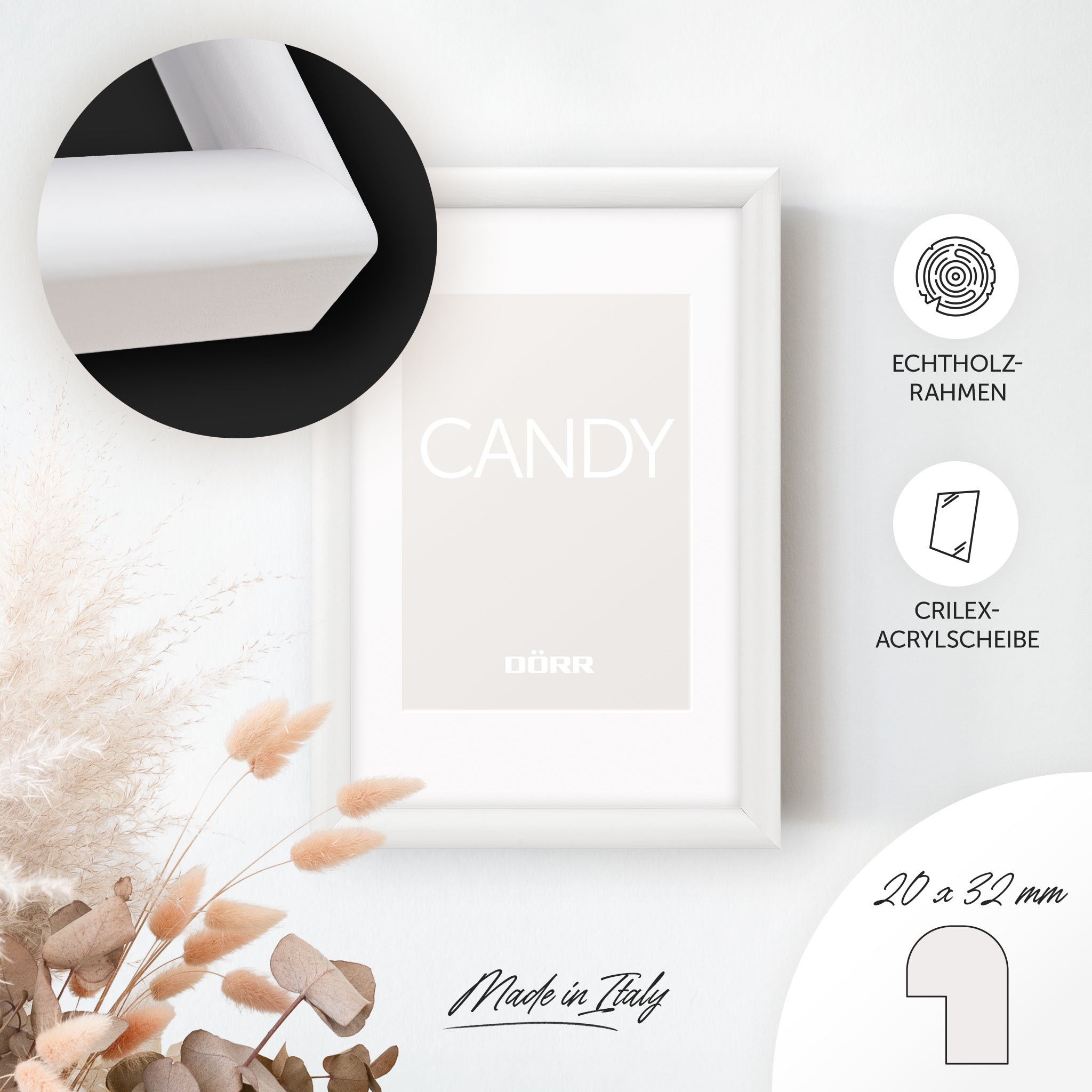 DÖRR Holz-Bilderrahmen Candy weiß, an der Wand aufgehängt, mit Detailansicht der massiven, halbrunden Rahmenleiste
