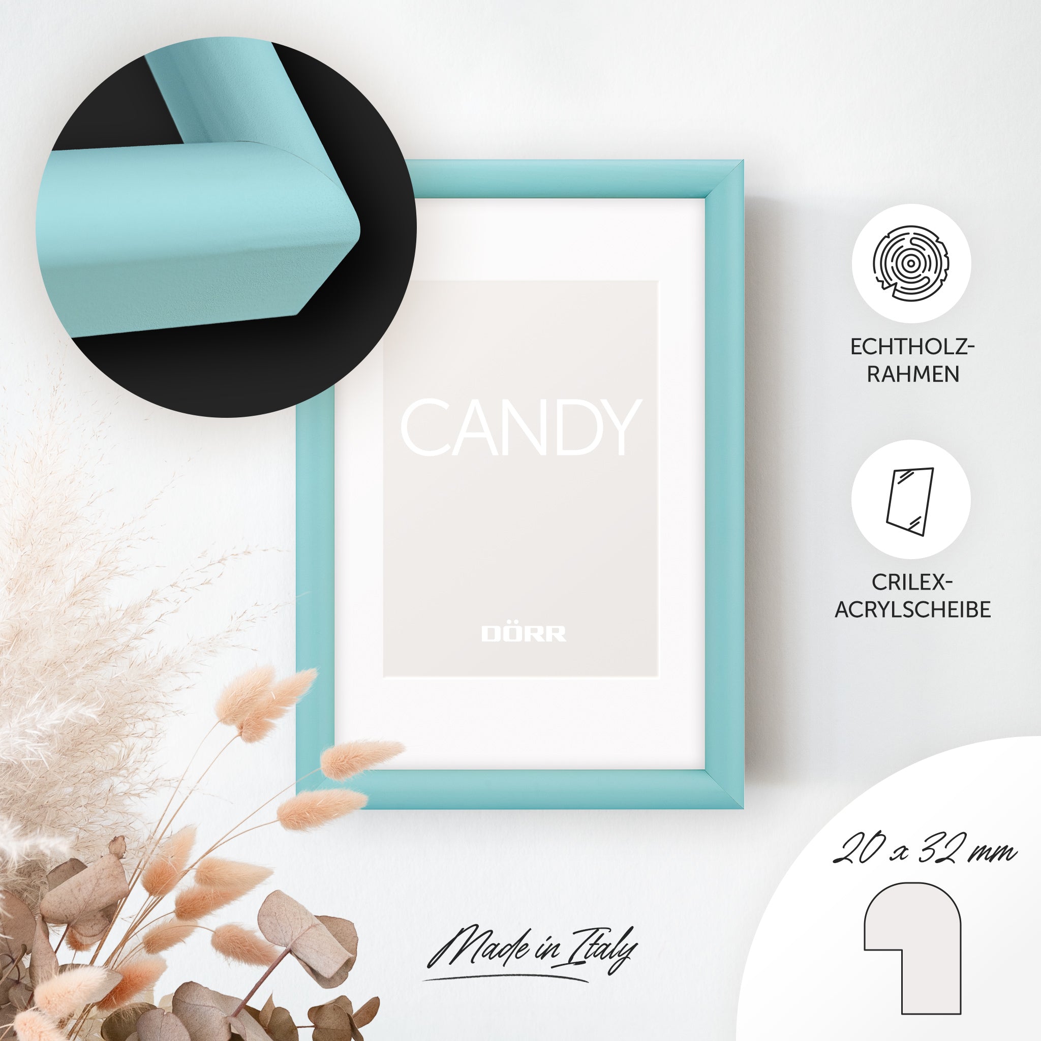 DÖRR Holz-Bilderrahmen Candy hellblau, an der Wand aufgehängt, mit Detailansicht der massiven, halbrunden Rahmenleiste