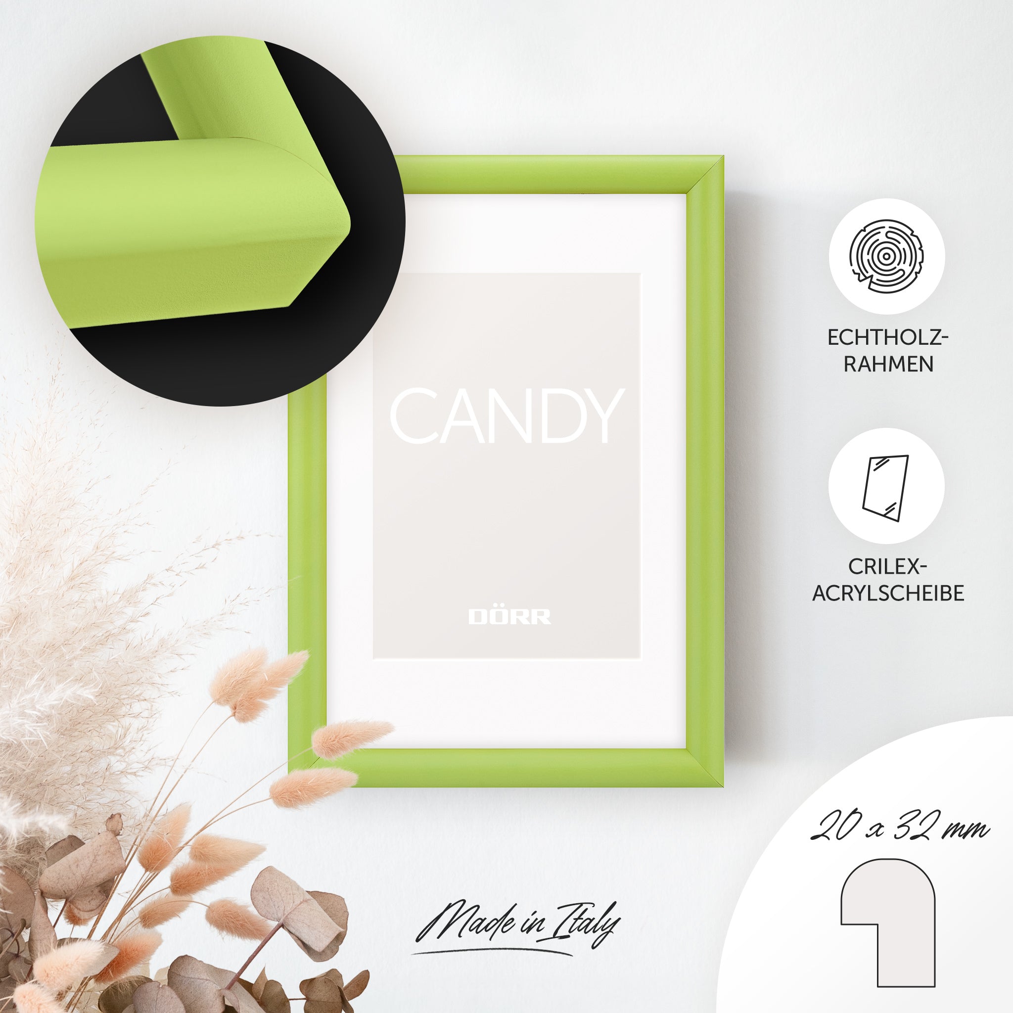 DÖRR Holz-Bilderrahmen Candy grün, an der Wand aufgehängt, mit Detailansicht der massiven, halbrunden Rahmenleiste