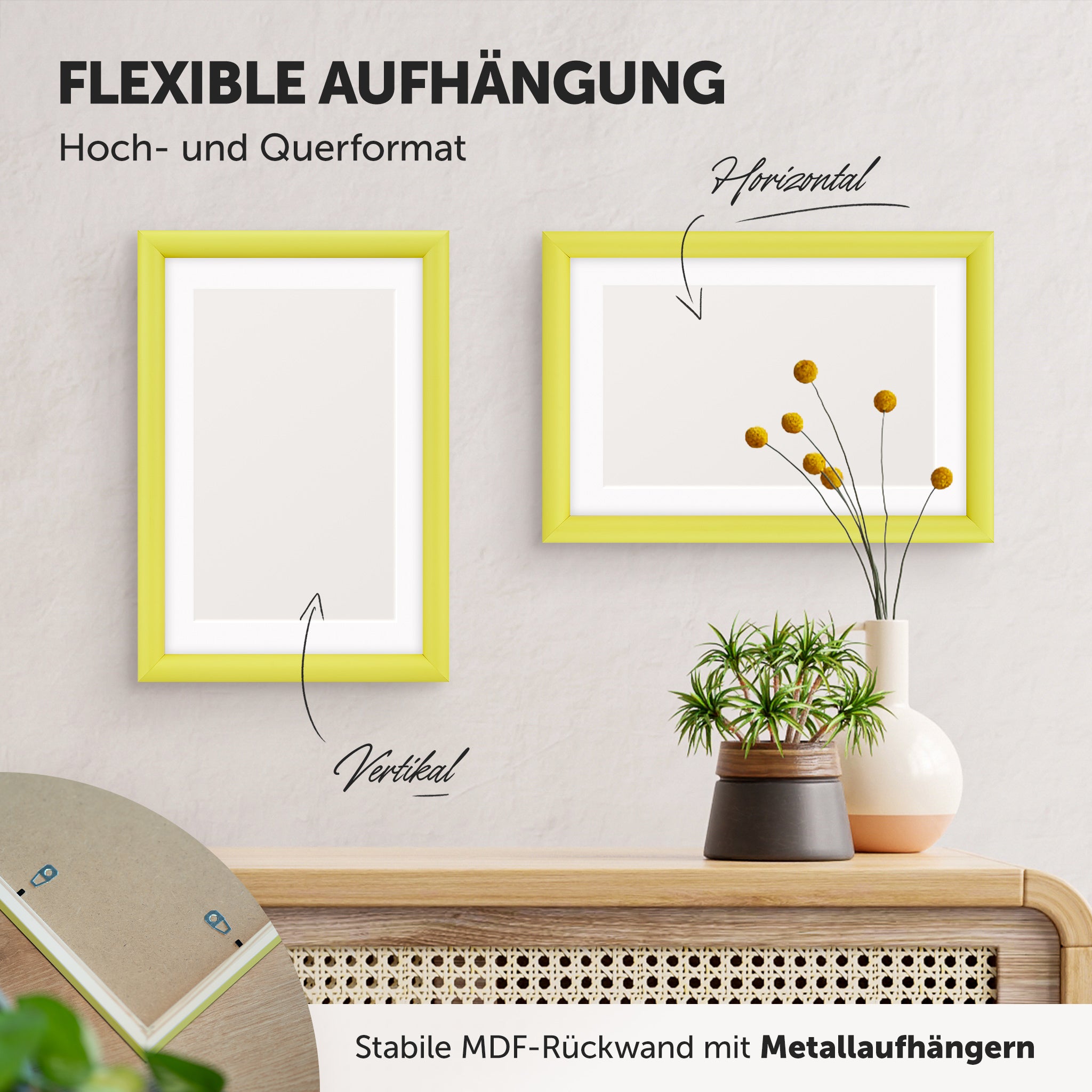 DÖRR Holz-Bilderrahmen Candy gelb, horizontal und vertikal als Wandrahmen im Wohnbereich dekoriert, Rückseite mit Aufhängern