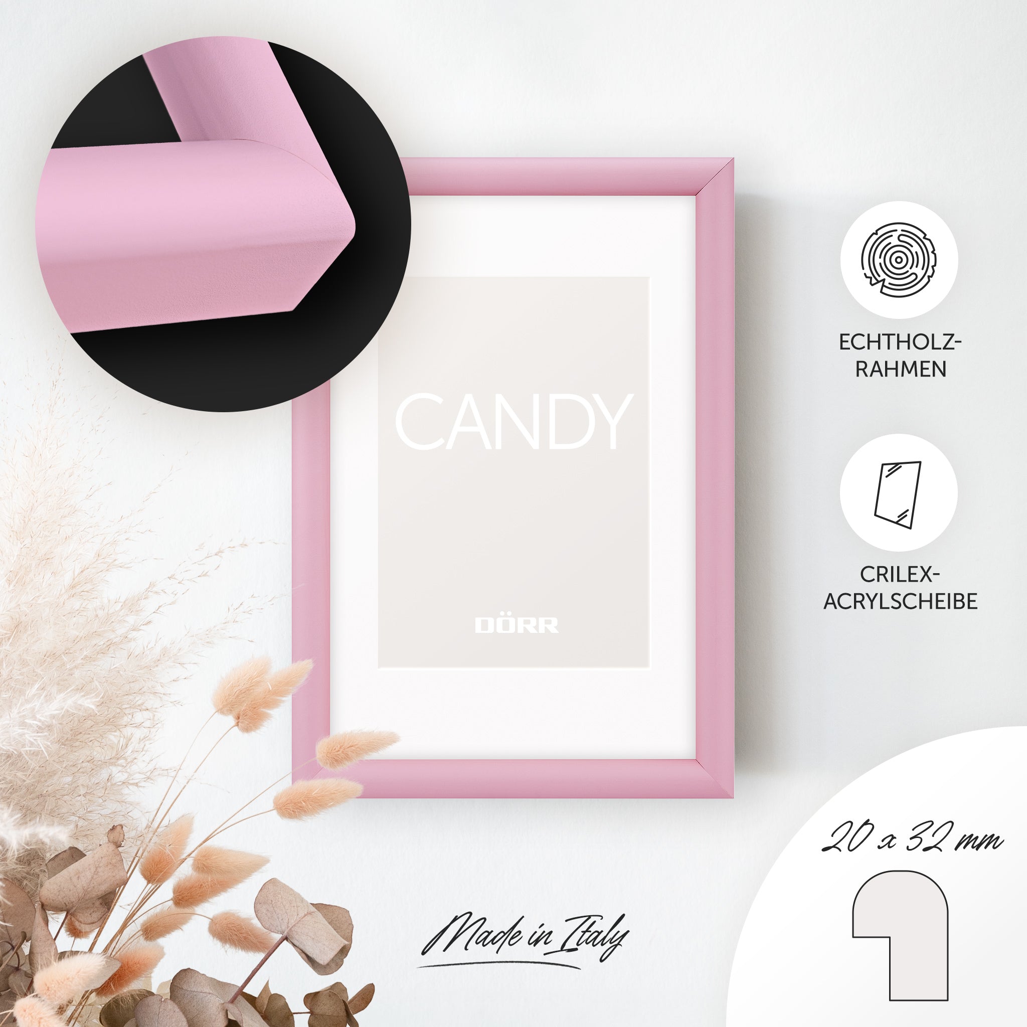 DÖRR Holz-Bilderrahmen Candy pink, an der Wand aufgehängt, mit Detailansicht der massiven, halbrunden Rahmenleiste