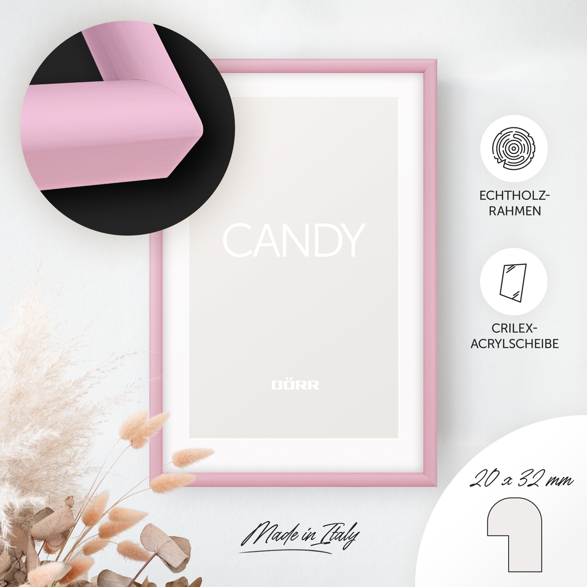 DÖRR Holz-Bilderrahmen Candy pink, an der Wand aufgehängt, mit Detailansicht der massiven, halbrunden Rahmenleiste
