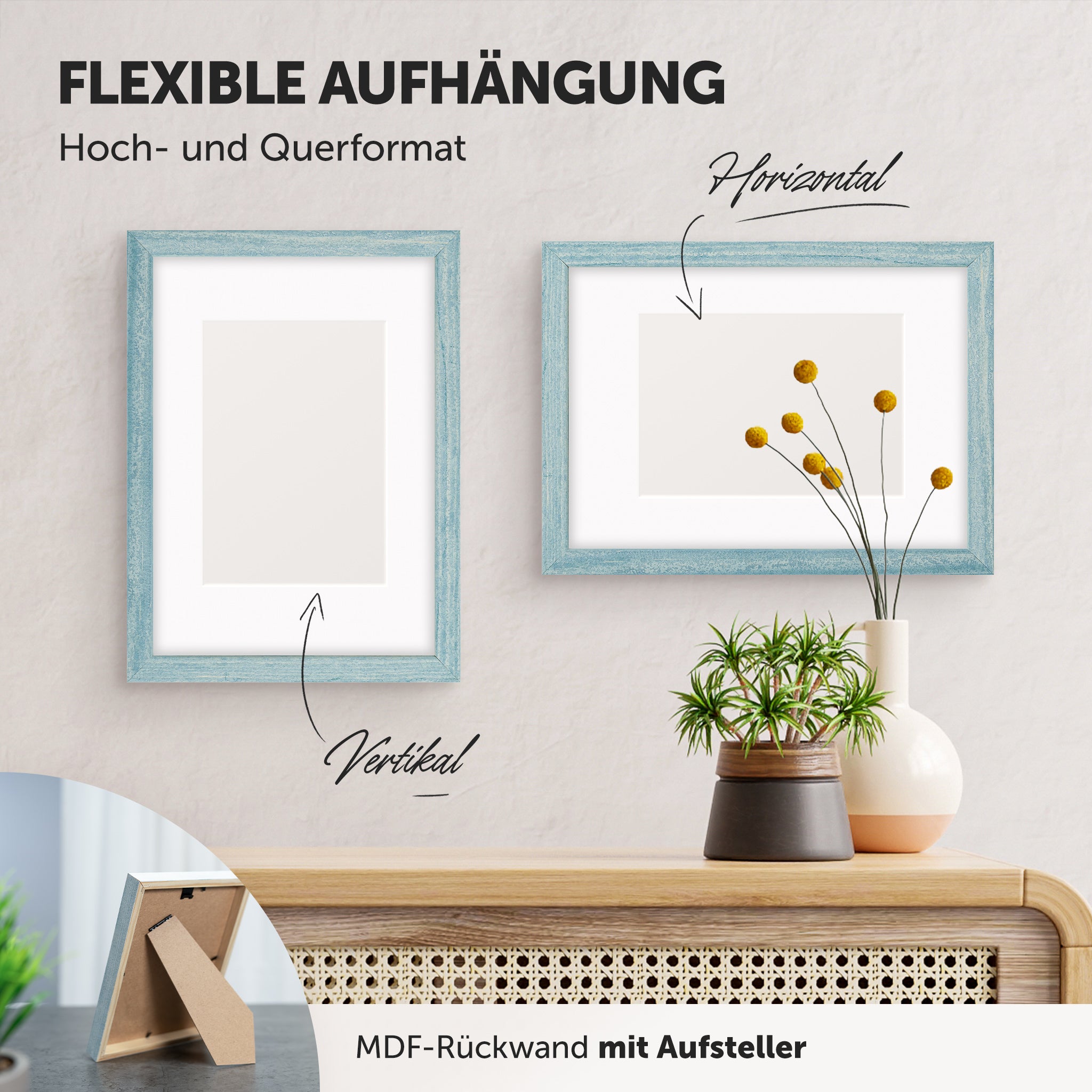 DÖRR Echtholz-Bilderrahmen Woody hellblau, horizontal und vertikal als Wandrahmen im Wohnbereich dekoriert, mit Aufsteller bei kleineren Größen