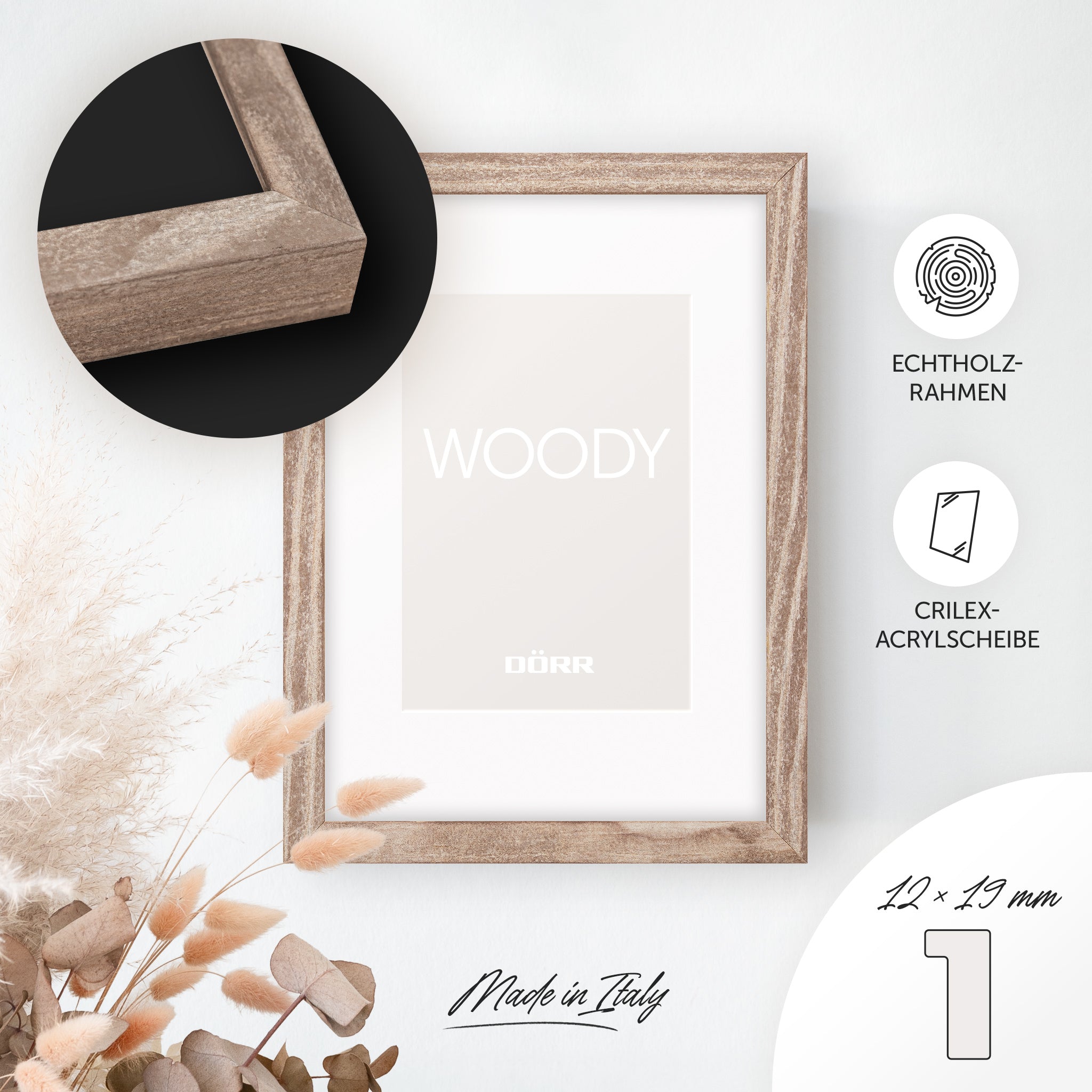 DÖRR Echtholz-Bilderrahmen Woody braun, dekorativ an der Wand aufgehängt, mit Detailansicht der 12 x 19 mm schmalen Leiste