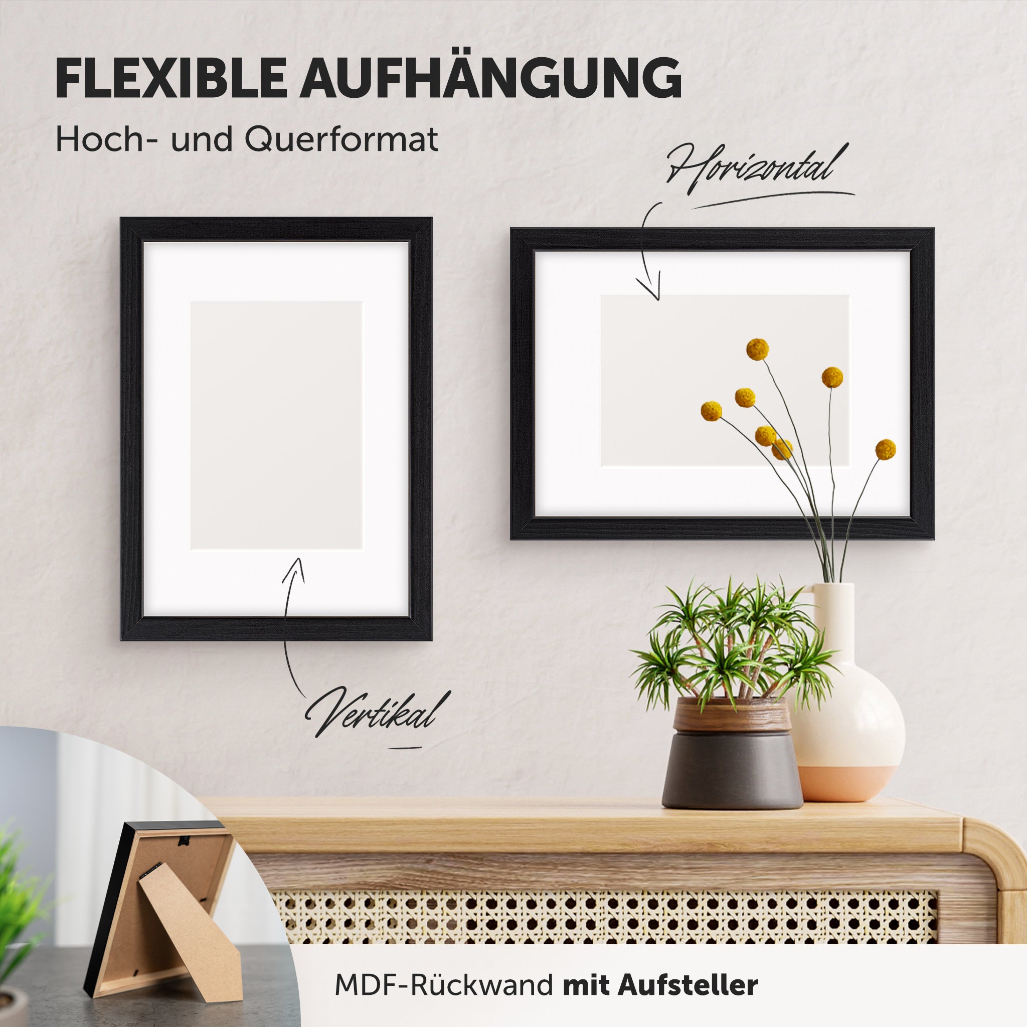 DÖRR Echtholz-Bilderrahmen Woody schwarz, horizontal und vertikal als Wandrahmen im Wohnbereich dekoriert, mit Aufsteller bei kleineren Größen