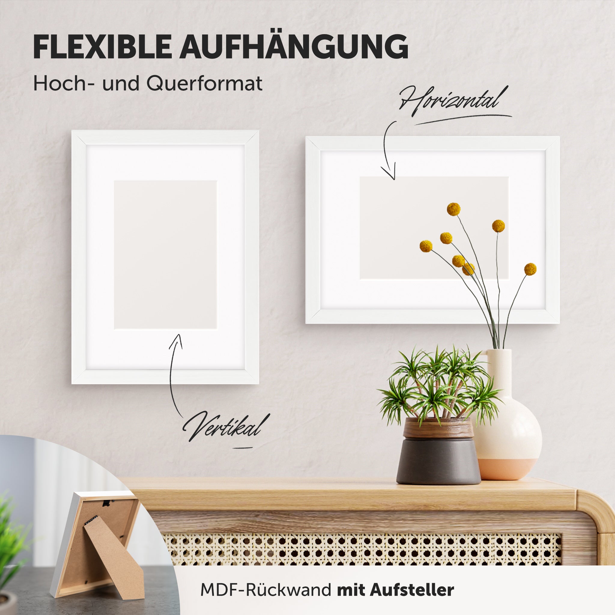 DÖRR Echtholz-Bilderrahmen Woody weiß, horizontal und vertikal als Wandrahmen im Wohnbereich dekoriert, mit Aufsteller bei kleineren Größen