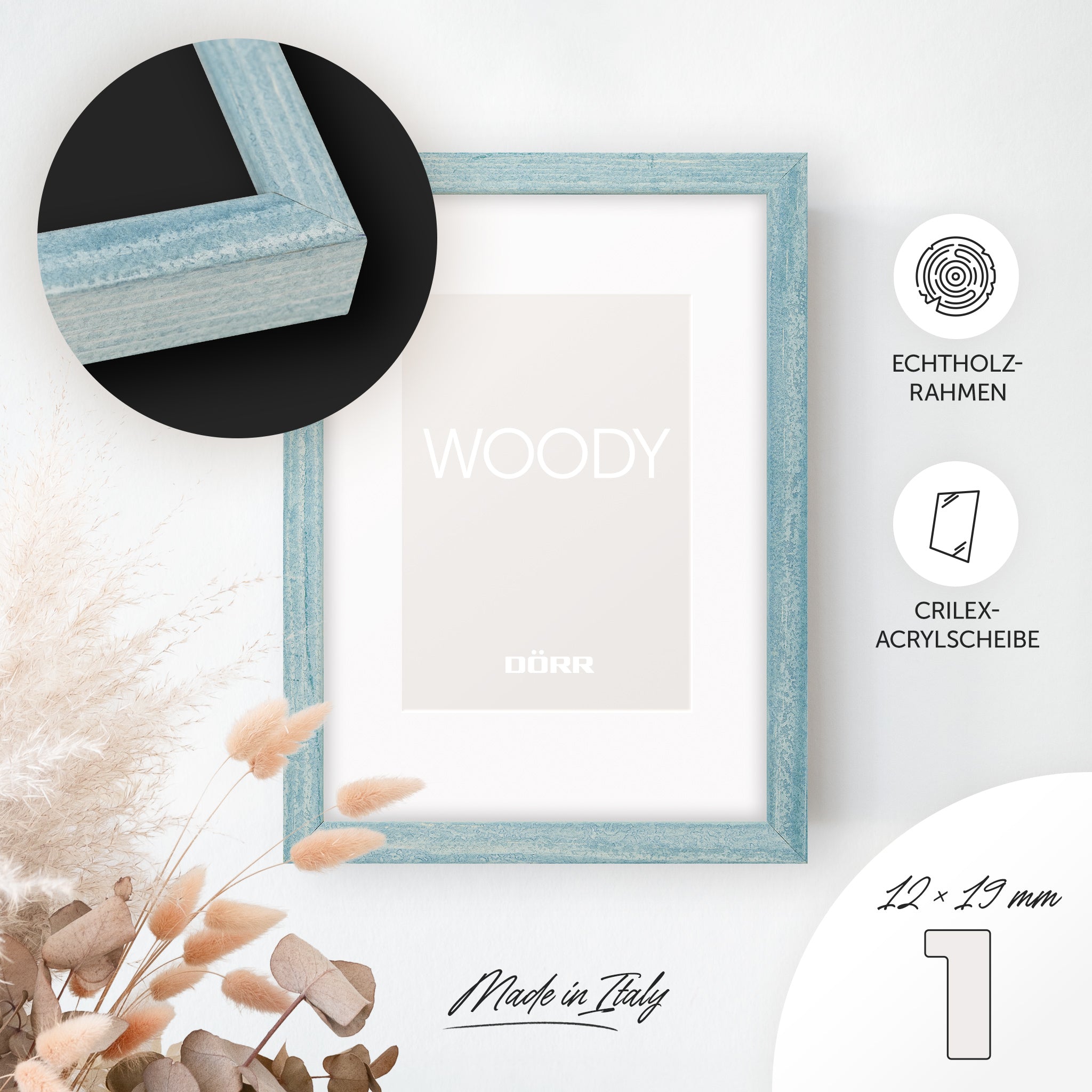 DÖRR Echtholz-Bilderrahmen Woody hellblau, dekorativ an der Wand aufgehängt, mit Detailansicht der 12 x 19 mm schmalen Leiste