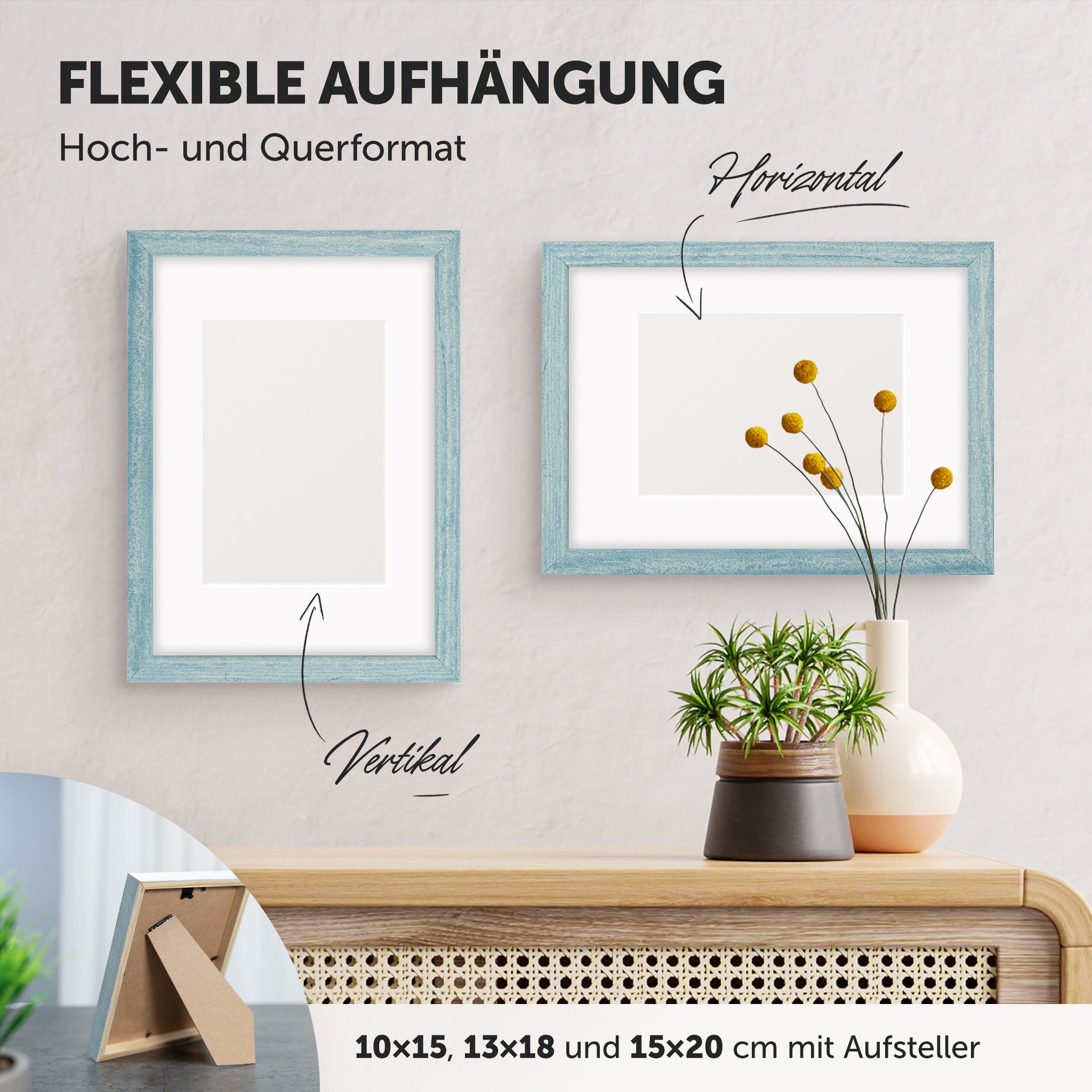 DÖRR Echtholz-Bilderrahmen Woody hellblau, horizontal und vertikal als Wandrahmen im Wohnbereich dekoriert, mit Aufsteller bei kleineren Größen