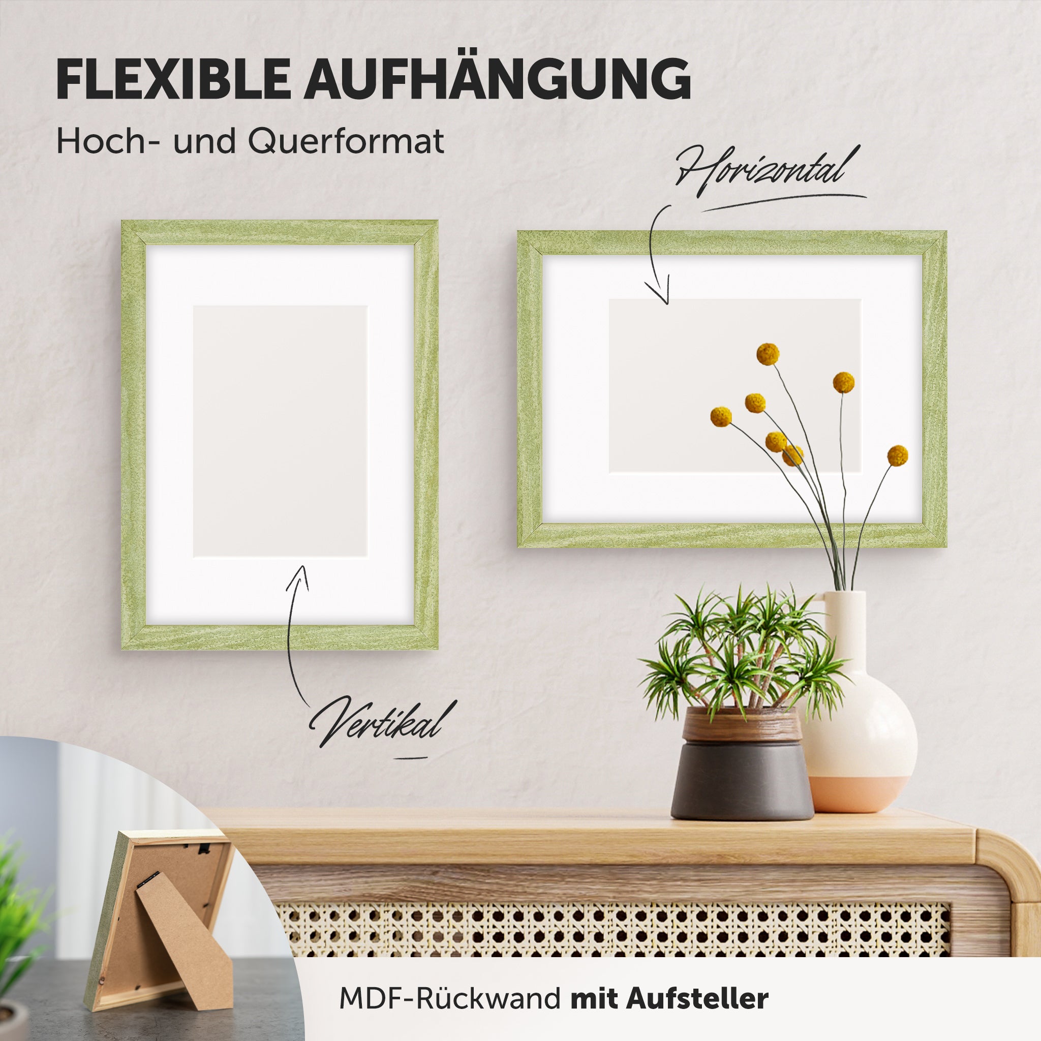 DÖRR Echtholz-Bilderrahmen Woody grün, horizontal und vertikal als Wandrahmen im Wohnbereich dekoriert, mit Aufsteller bei kleineren Größen