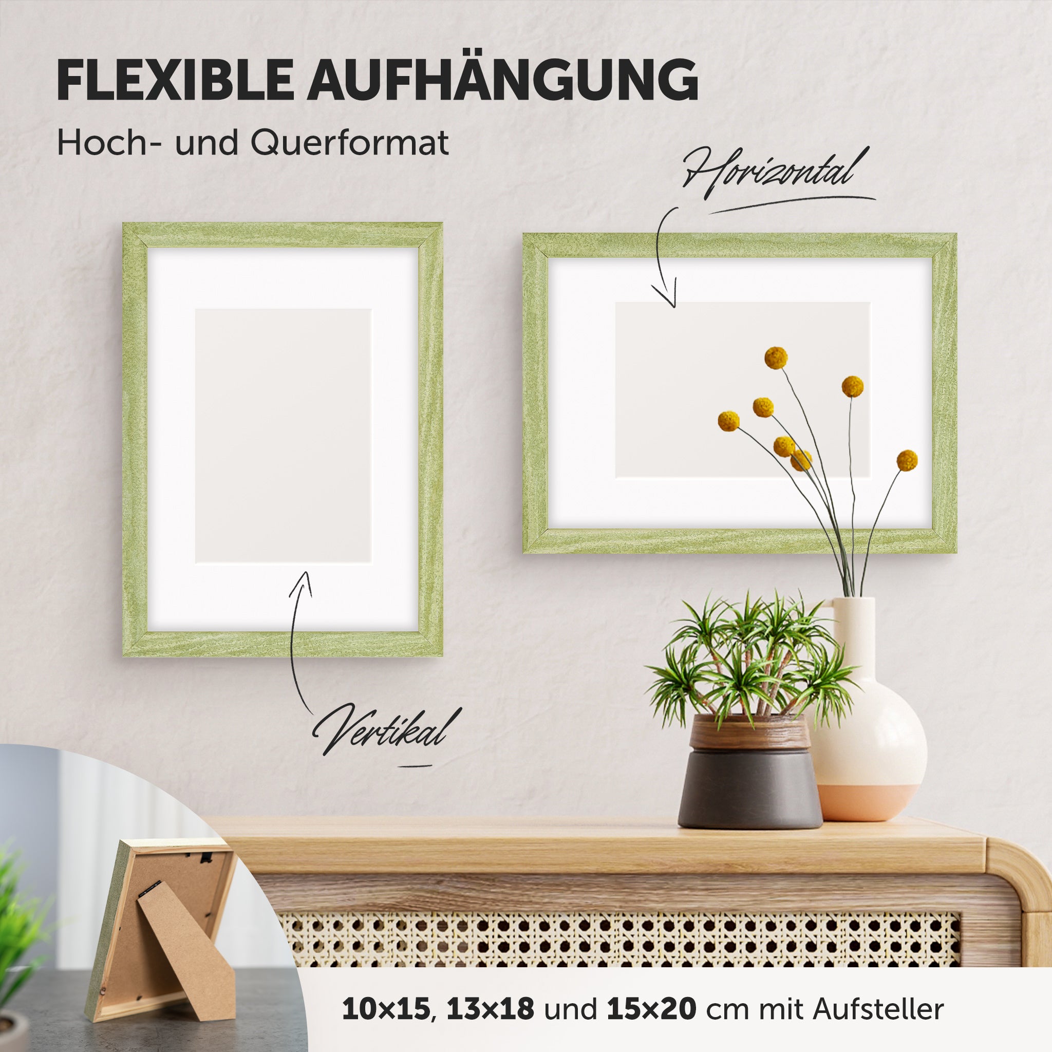 DÖRR Echtholz-Bilderrahmen Woody grün, horizontal und vertikal als Wandrahmen im Wohnbereich dekoriert, mit Aufsteller bei kleineren Größen