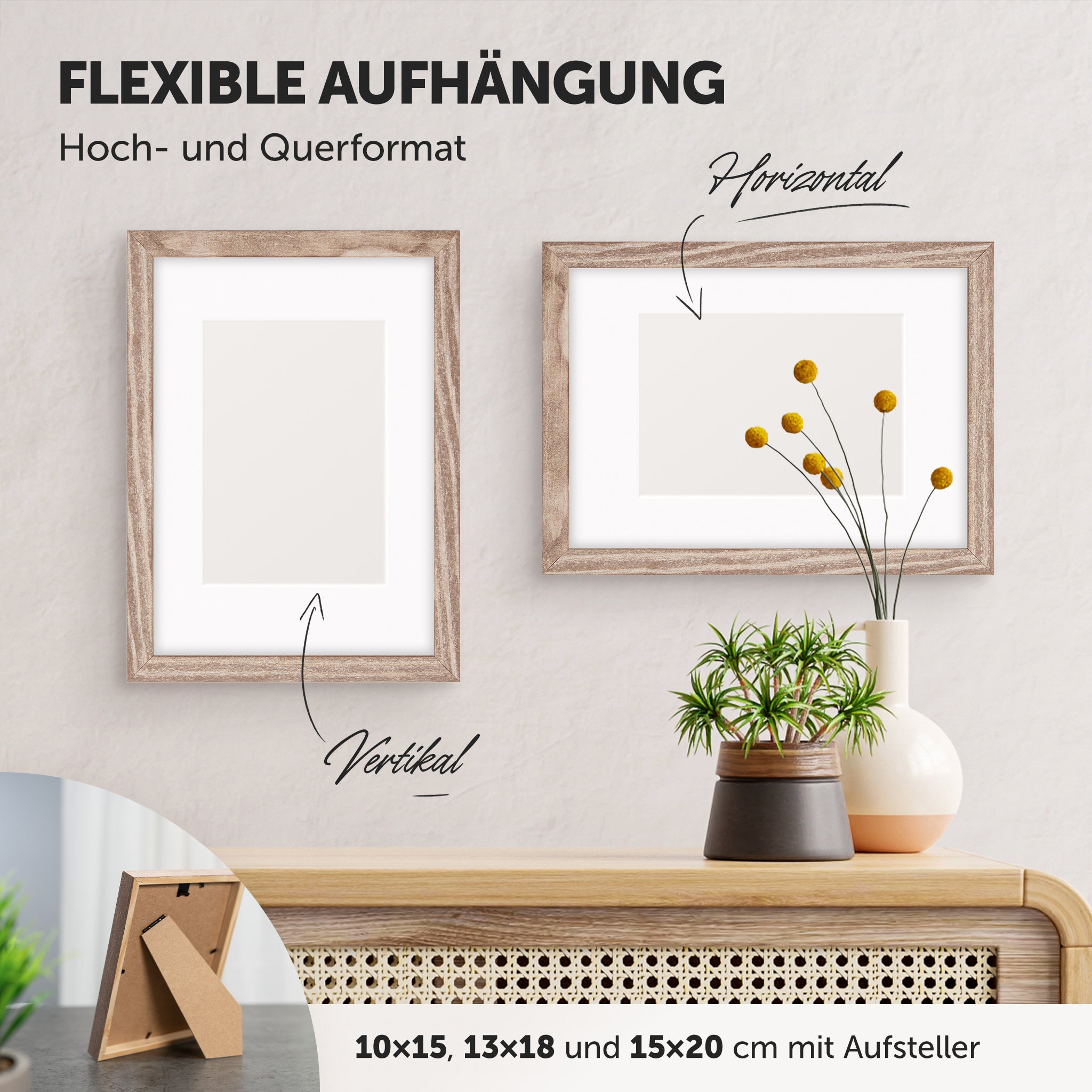 DÖRR Echtholz-Bilderrahmen Woody braun, horizontal und vertikal als Wandrahmen im Wohnbereich dekoriert, mit Aufsteller bei kleineren Größen