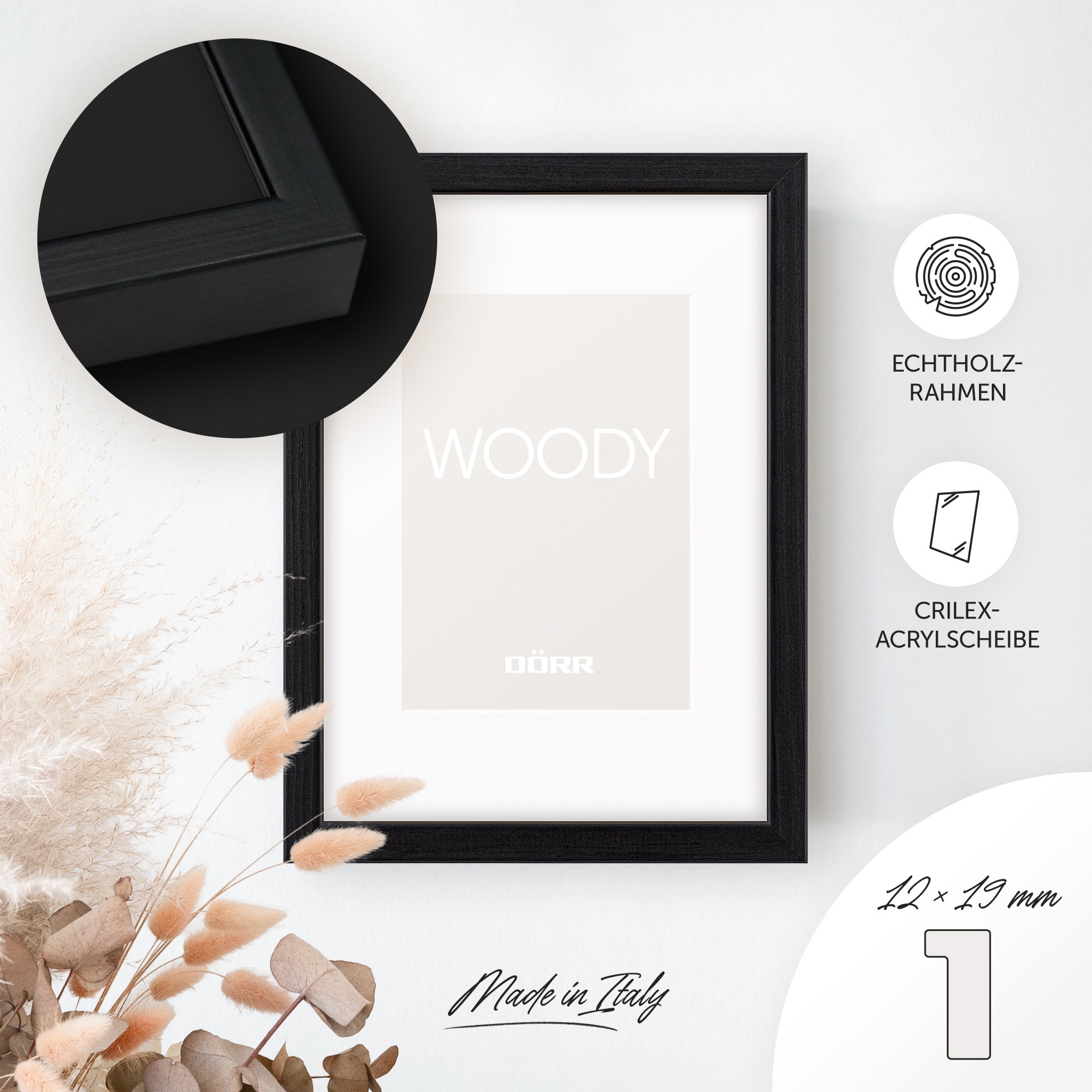 DÖRR Echtholz-Bilderrahmen Woody schwarz, dekorativ an der Wand aufgehängt, mit Detailansicht der 12 x 19 mm schmalen Leiste