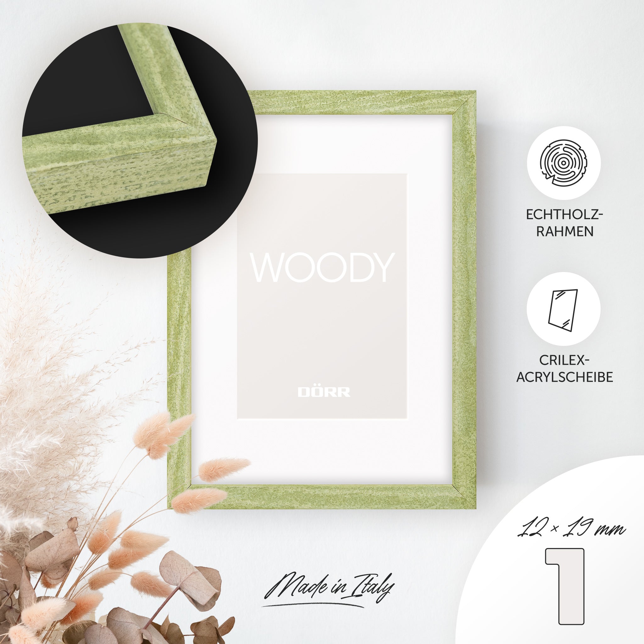 DÖRR Echtholz-Bilderrahmen Woody grün, dekorativ an der Wand aufgehängt, mit Detailansicht der 12 x 19 mm schmalen Leiste