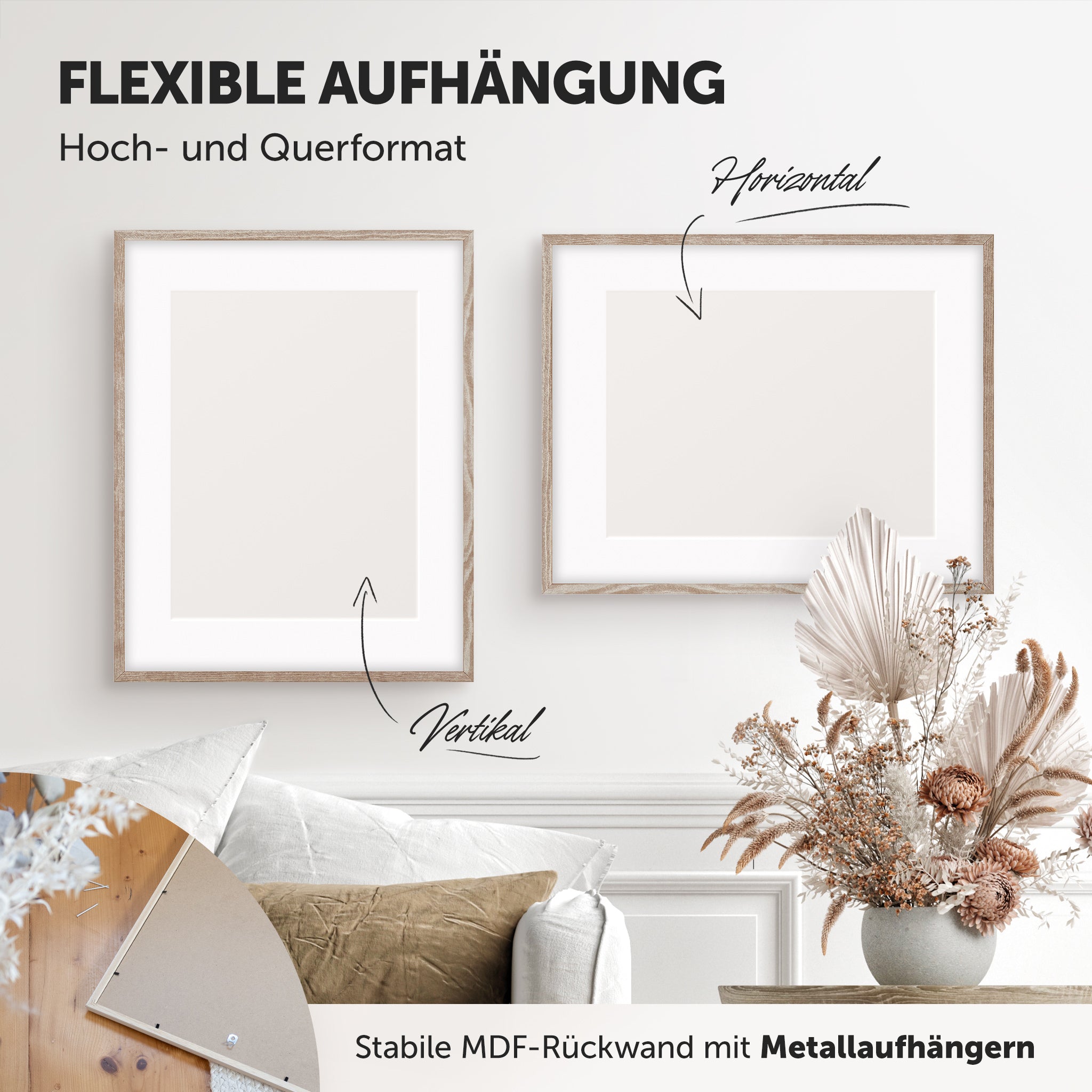 DÖRR Echtholz-Bilderrahmen Woody braun, horizontal und vertikal als Wandrahmen im Wohnbereich dekoriert, Rückseite mit Aufhängern