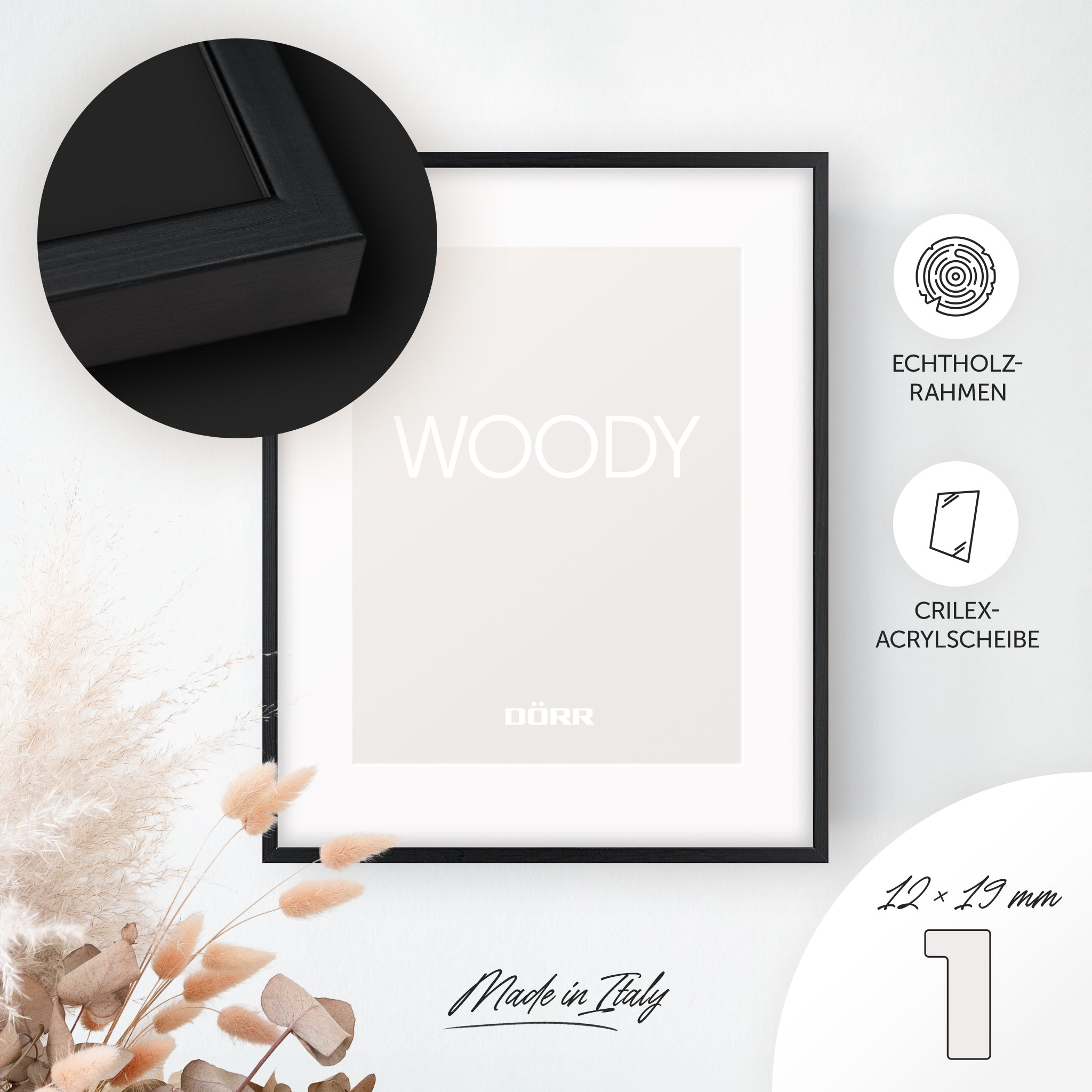 DÖRR Echtholz-Bilderrahmen Woody schwarz, dekorativ an der Wand aufgehängt, mit Detailansicht der 12 x 19 mm schmalen Leiste