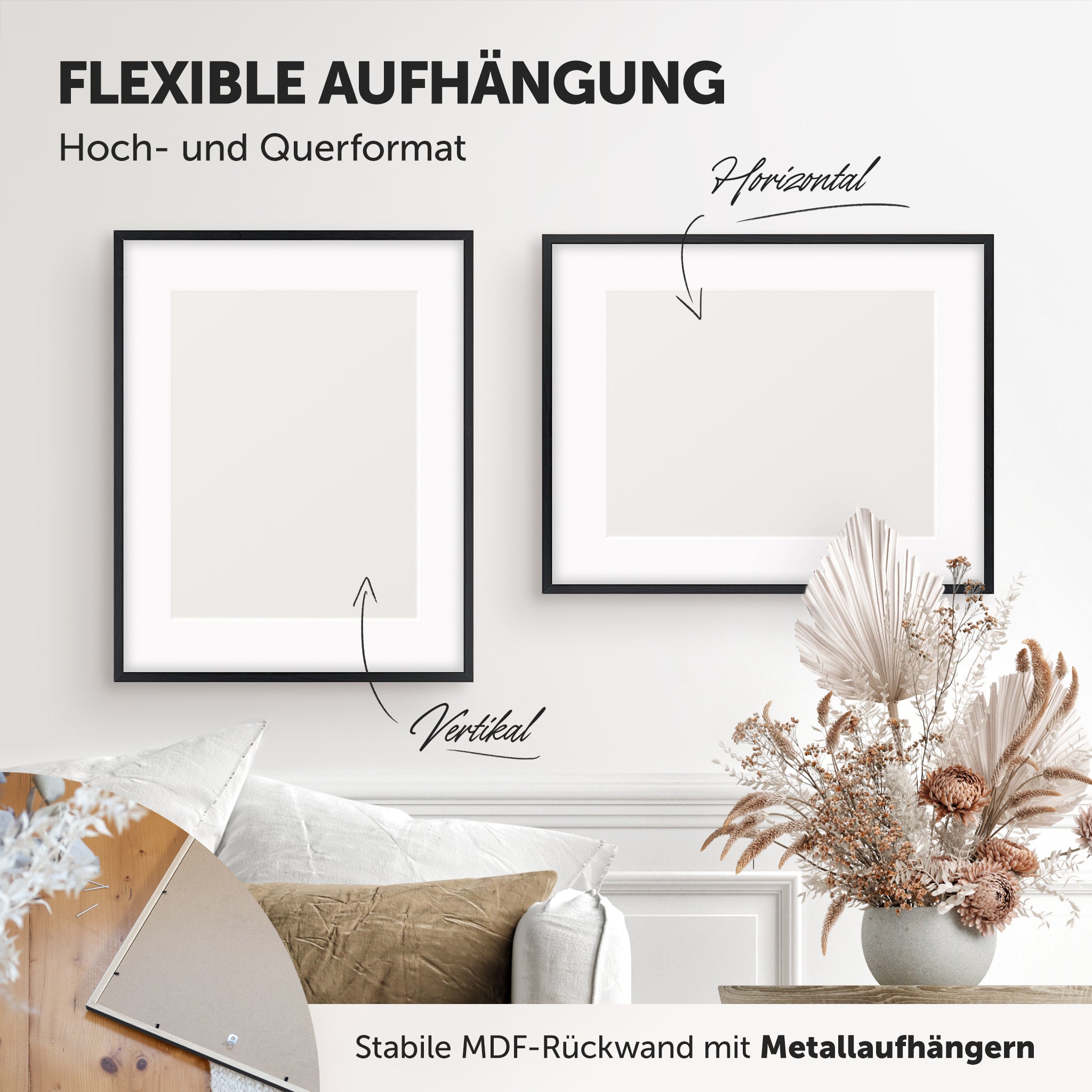 DÖRR Echtholz-Bilderrahmen Woody schwarz, horizontal und vertikal als Wandrahmen im Wohnbereich dekoriert, Rückseite mit Aufhängern