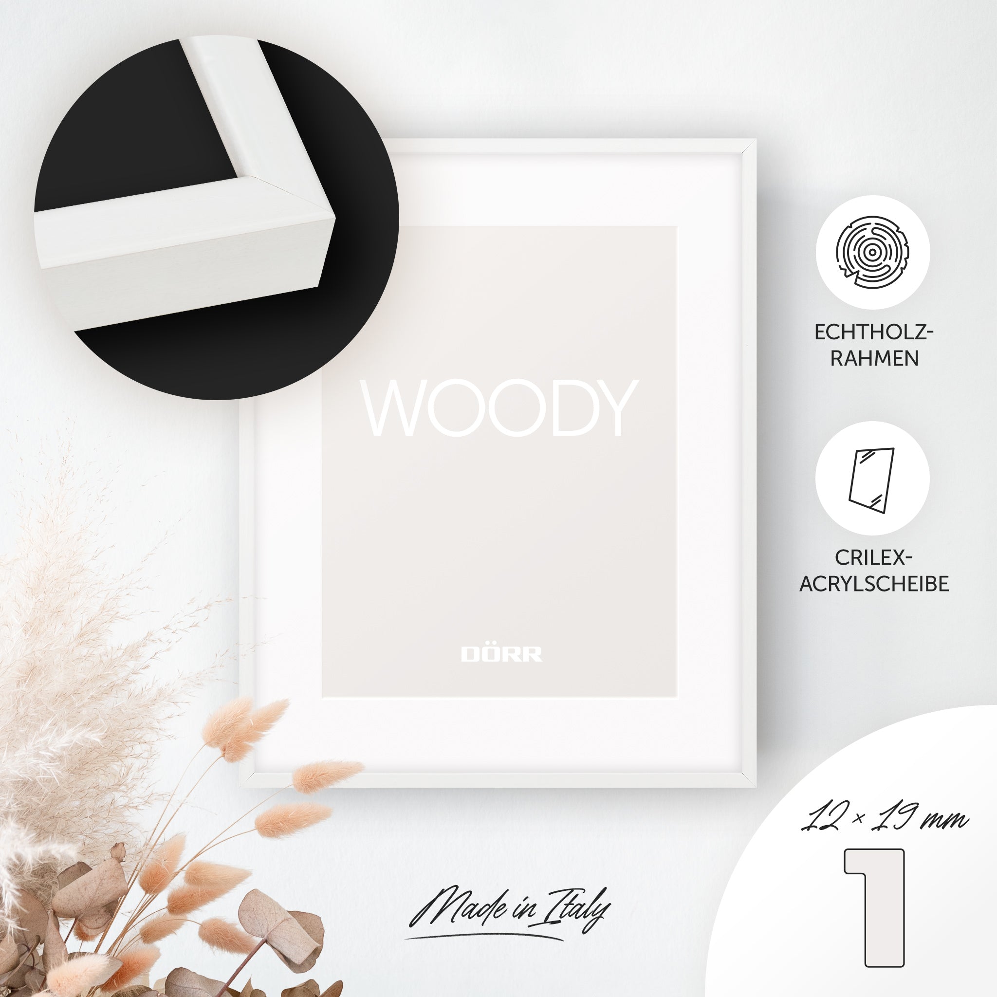 DÖRR Echtholz-Bilderrahmen Woody weiß, dekorativ an der Wand aufgehängt, mit Detailansicht der 12 x 19 mm schmalen Leiste