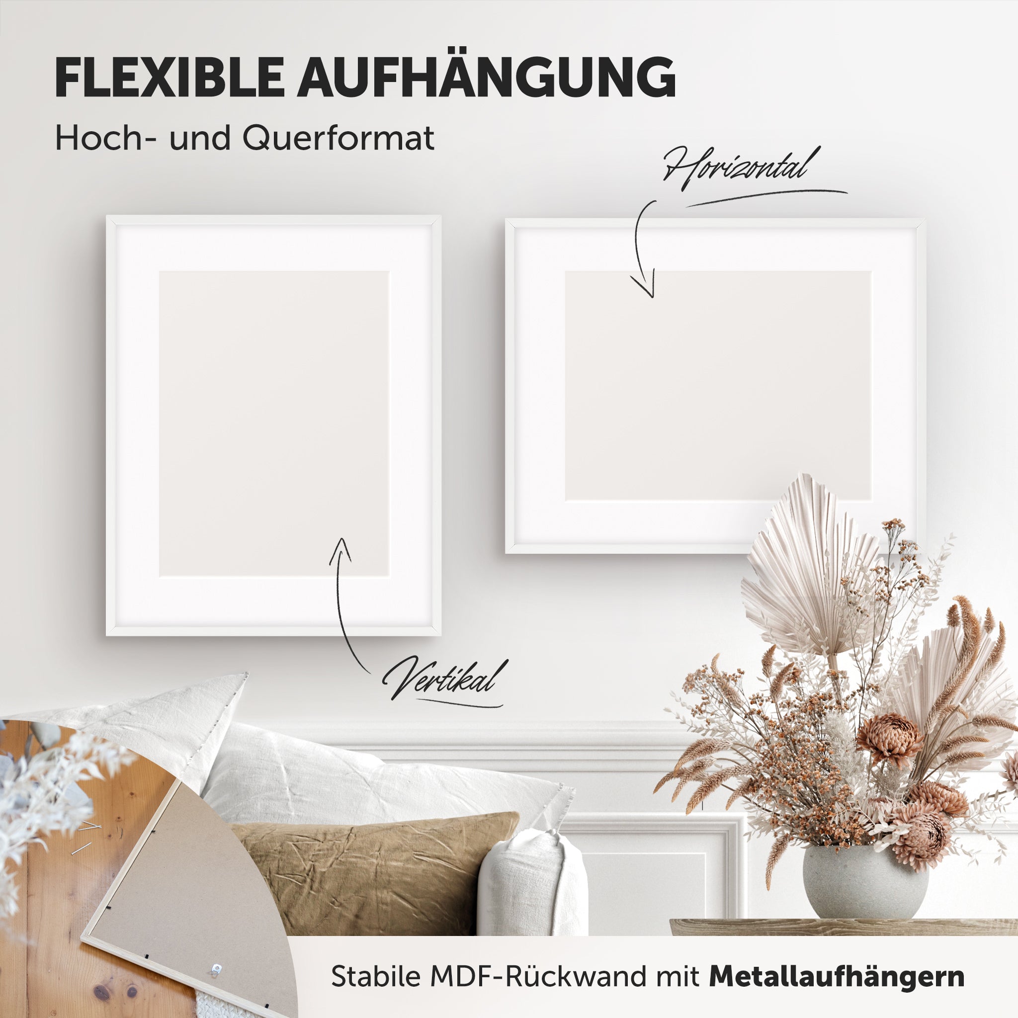 DÖRR Echtholz-Bilderrahmen Woody weiß, horizontal und vertikal als Wandrahmen im Wohnbereich dekoriert, Rückseite mit Aufhängern