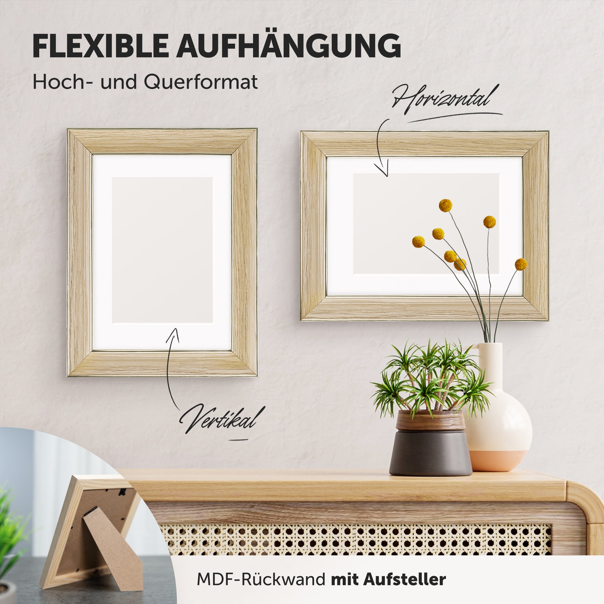 DÖRR Echtholz-Bilderrahmen Aristo créme, horizontal und vertikal als Wandrahmen im Wohnbereich dekoriert, mit Aufsteller bei kleineren Größen