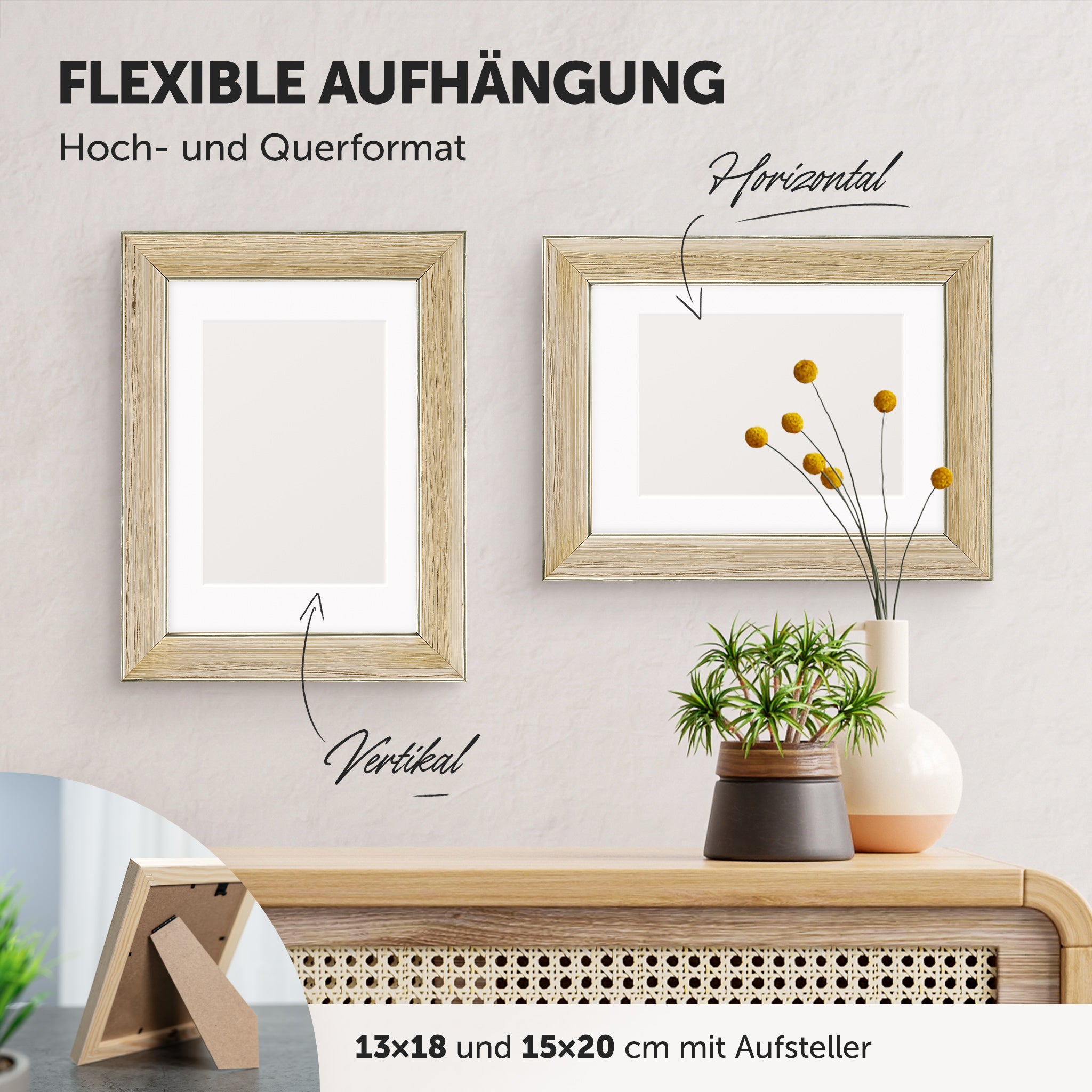 DÖRR Echtholz-Bilderrahmen Aristo créme, horizontal und vertikal als Wandrahmen im Wohnbereich dekoriert, mit Aufsteller bei kleineren Größen