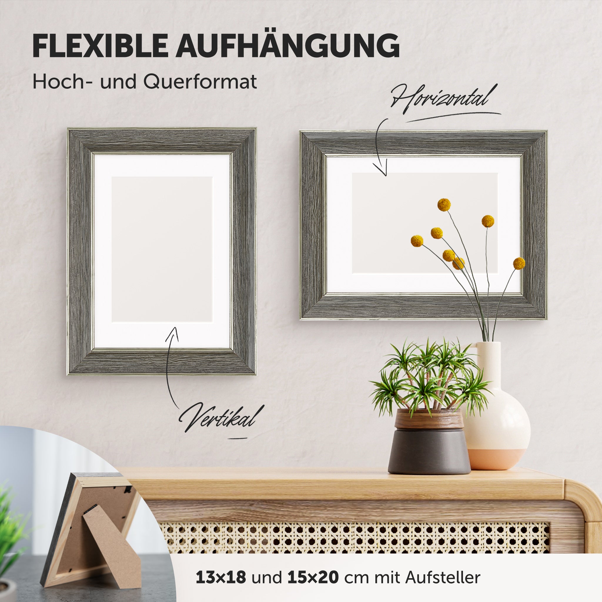DÖRR Echtholz-Bilderrahmen Aristo grau, horizontal und vertikal als Wandrahmen im Wohnbereich dekoriert, mit Aufsteller bei kleineren Größen