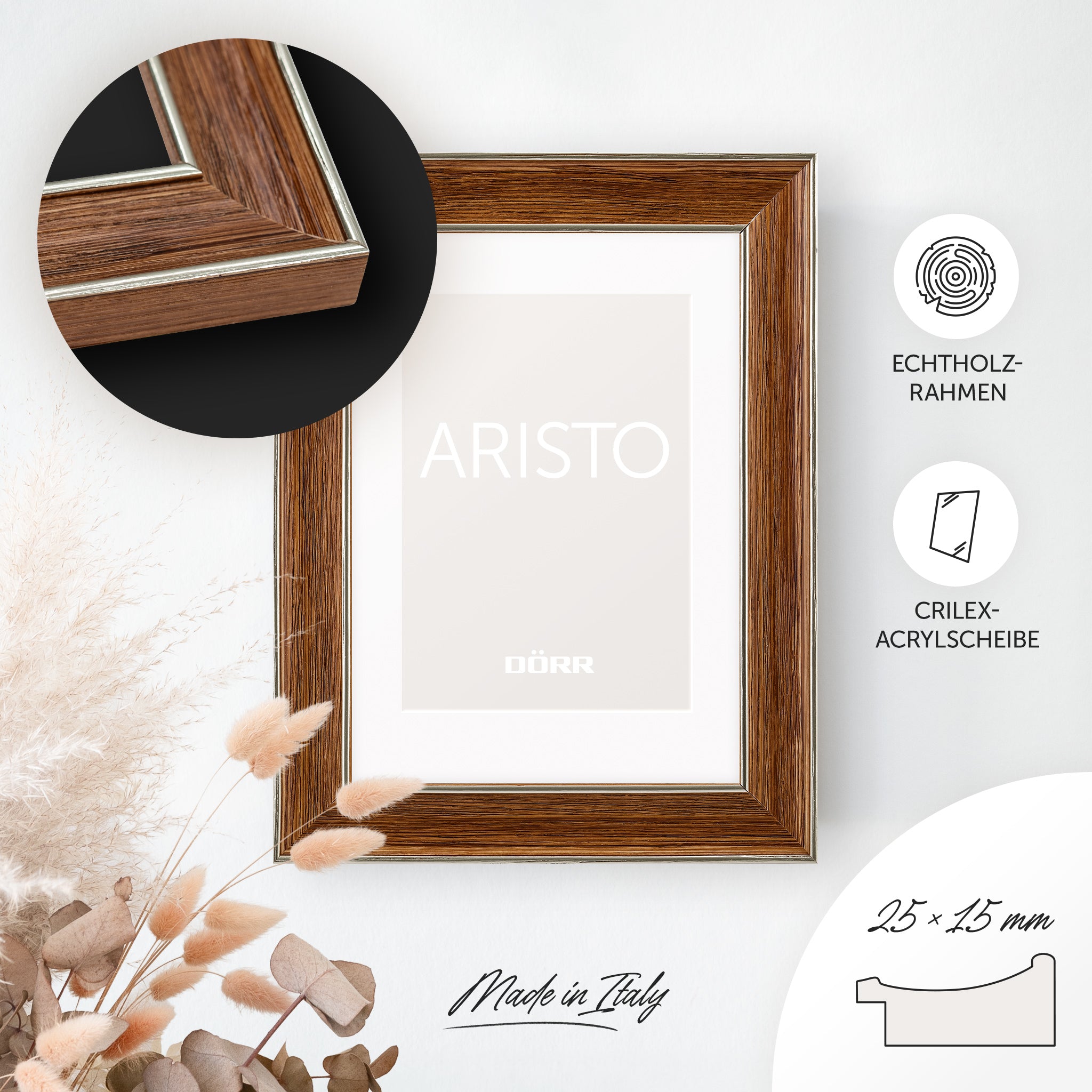 DÖRR Echtholz-Bilderrahmen Aristo braun, dekorativ an der Wand aufgehängt, mit Detailansicht der 25 x 15 mm Leiste mit Goldkanten