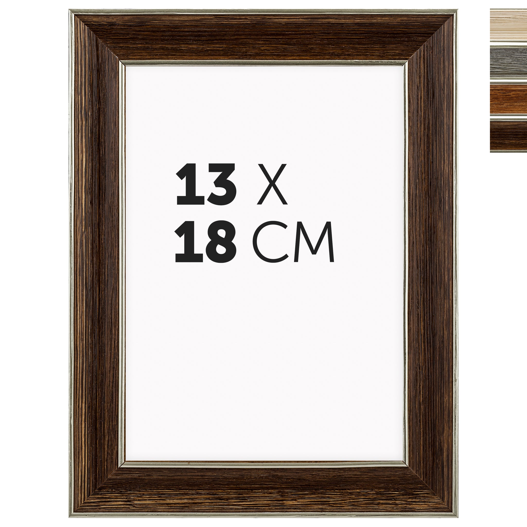 DÖRR Echtholz-Bilderrahmen Aristo dunkelbraun 13 x 18 cm mit Goldkante und Übersicht der vier Farbvarianten