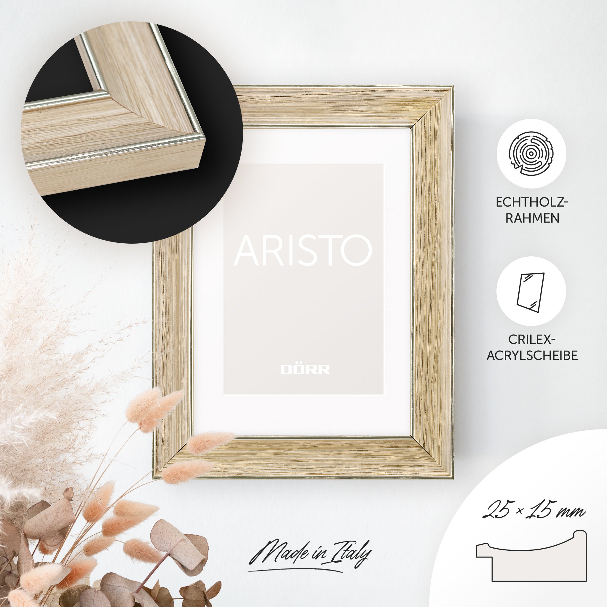 DÖRR Echtholz-Bilderrahmen Aristo créme, dekorativ an der Wand aufgehängt, mit Detailansicht der 25 x 15 mm Leiste mit Goldkanten