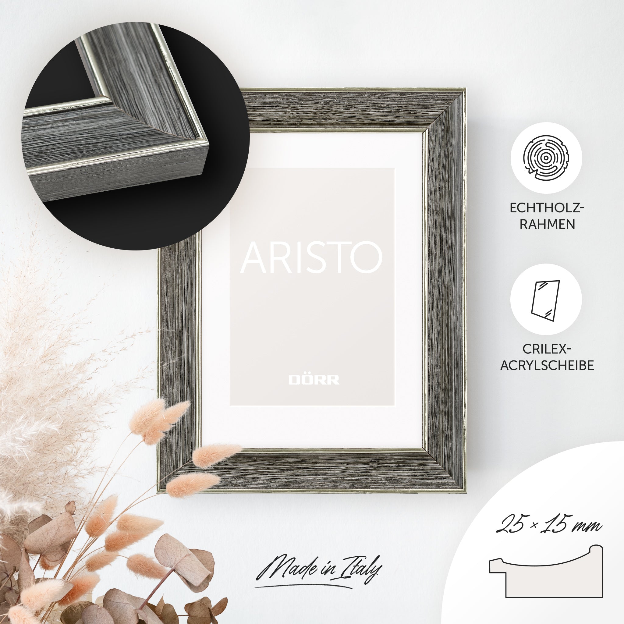 DÖRR Echtholz-Bilderrahmen Aristo grau, dekorativ an der Wand aufgehängt, mit Detailansicht der 25 x 15 mm Leiste mit Goldkanten