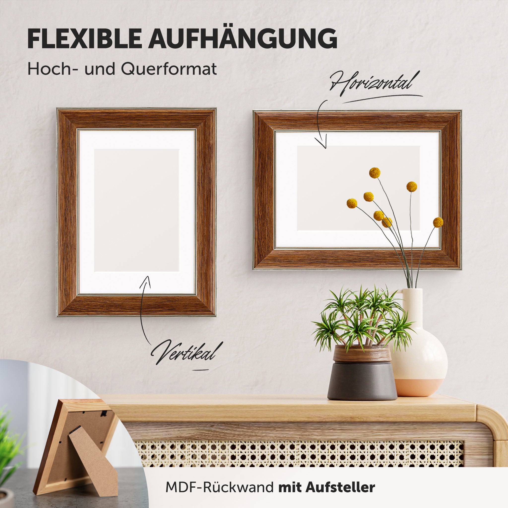 DÖRR Echtholz-Bilderrahmen Aristo braun, horizontal und vertikal als Wandrahmen im Wohnbereich dekoriert, mit Aufsteller bei kleineren Größen