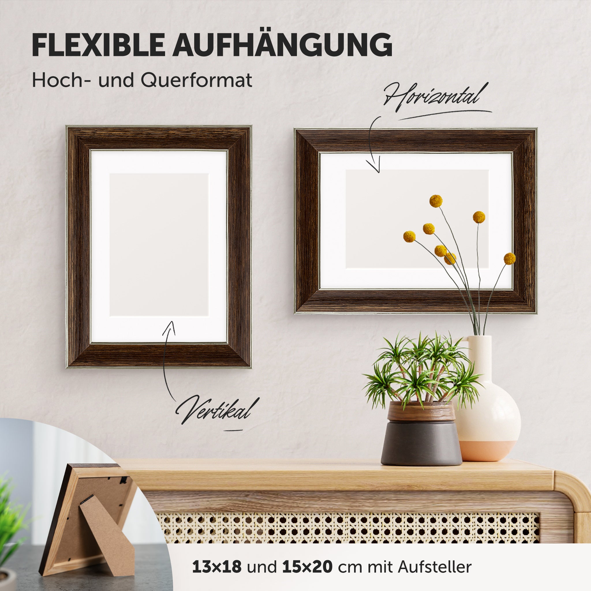 DÖRR Echtholz-Bilderrahmen Aristo dunkelbraun, horizontal und vertikal als Wandrahmen im Wohnbereich dekoriert, mit Aufsteller bei kleineren Größen