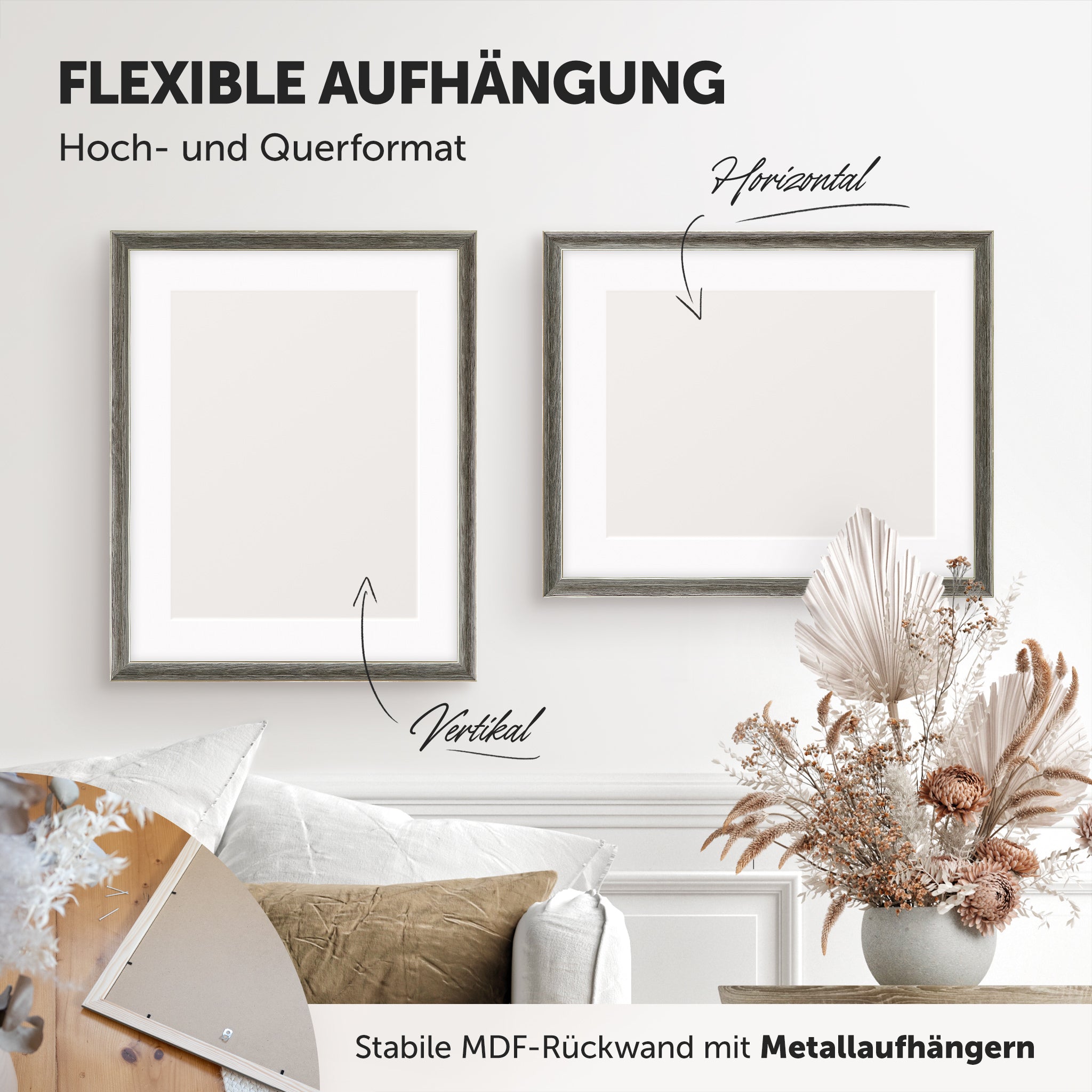 DÖRR Echtholz-Bilderrahmen Aristo grau, horizontal und vertikal als Wandrahmen im Wohnbereich dekoriert, Rückseite mit Aufhängern