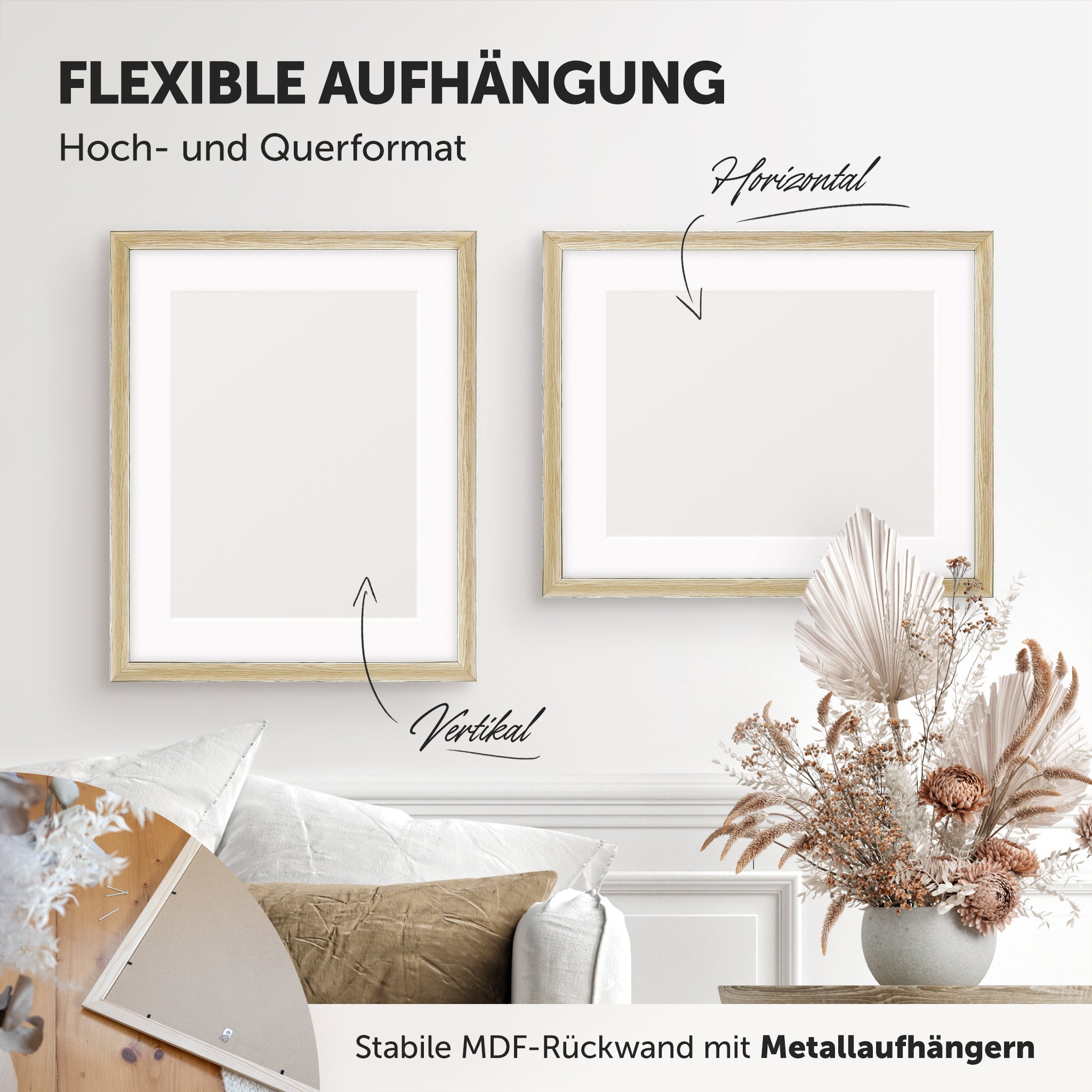 DÖRR Echtholz-Bilderrahmen Aristo créme, horizontal und vertikal als Wandrahmen im Wohnbereich dekoriert, Rückseite mit Aufhängern